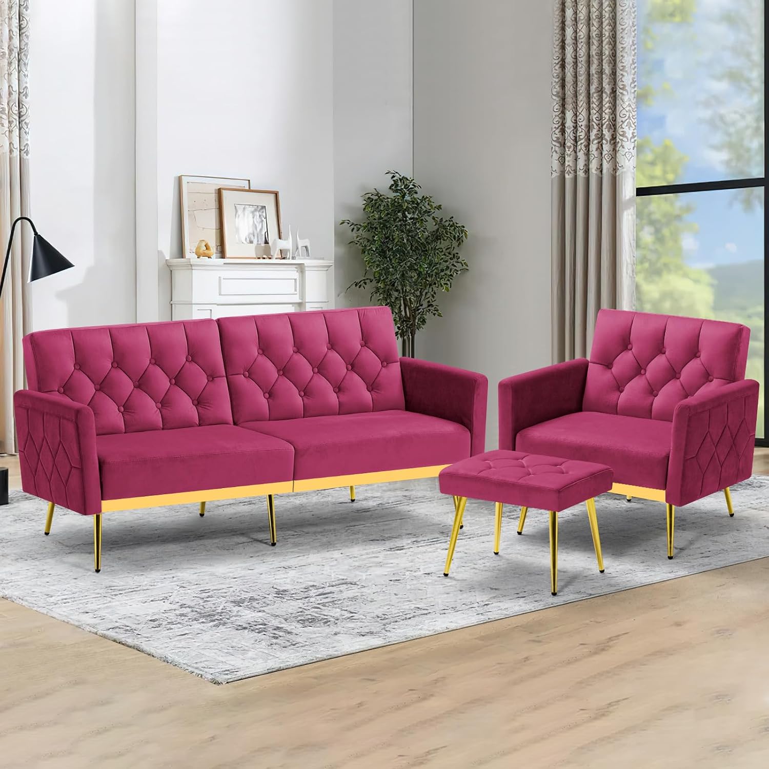 2 Pieces Velvet Sofa Set w/Adjustable Armrests and Backrests, Tufted Accent Chair w/Ottoman, Convertible Futon Sofa Bed for Bedroom, Living Room, Apartment, Fuchsia