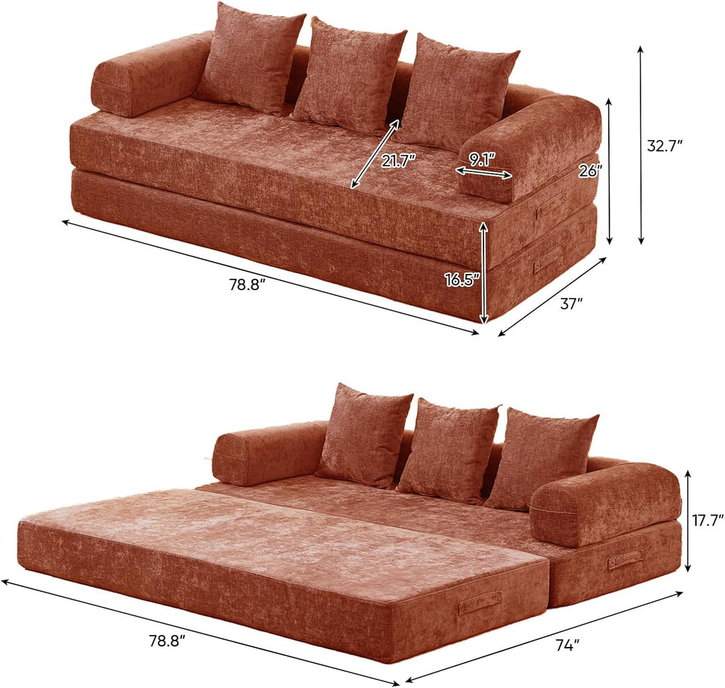 Futon Sofa Bed, Modular Convertible Folding 3 Seater Chenille Foam Floor Loveseat Sleeper Sofa Couch with 3 Pillows, No Assembly Compressed Boneless Couch, for Living Room Bedroom Guest Room, Orange