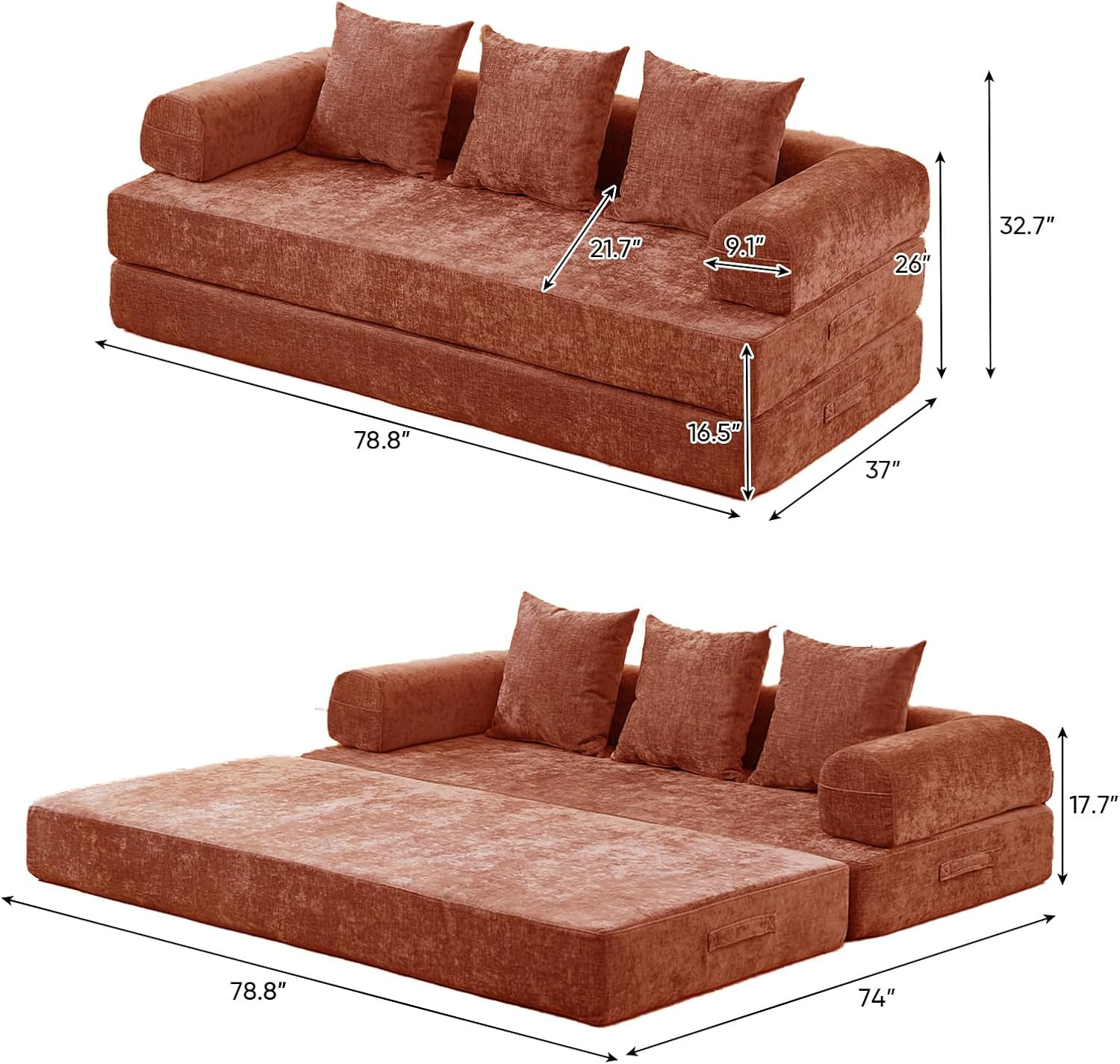 Futon Sofa Bed, Modular Convertible Folding 3 Seater Chenille Foam Floor Loveseat Sleeper Sofa Couch with 3 Pillows, No Assembly Compressed Boneless Couch, for Living Room Bedroom Guest Room, Orange