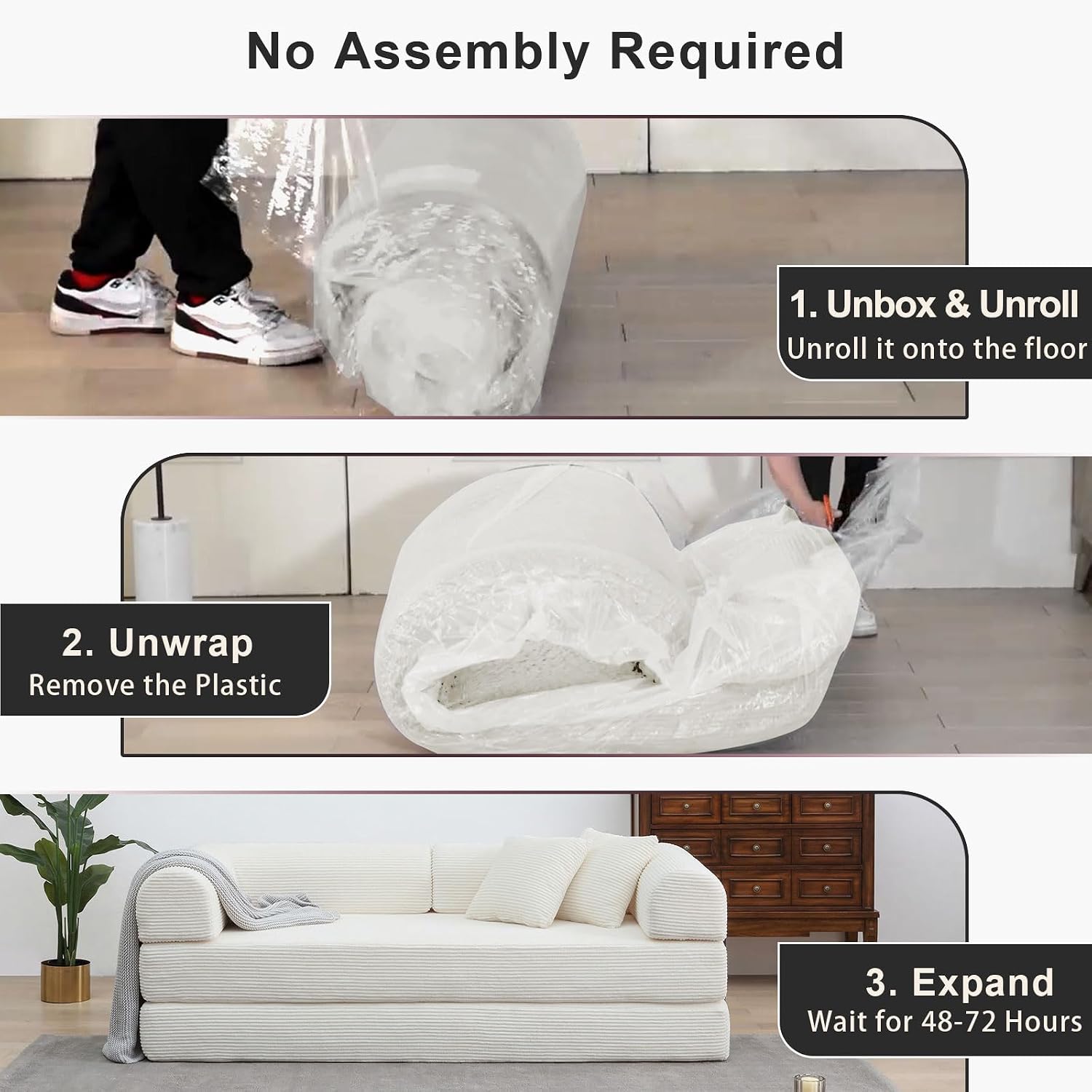 JJJ 78 inch Sofa Bed 4-in-1 Boneless Convertible Corduroy Sleeper Folding Couch with Fixed-Shape Frame and 2 Pillows Futons No-Assembly 3 Seater Upholstered for Living Room (Beige, 78 inch)