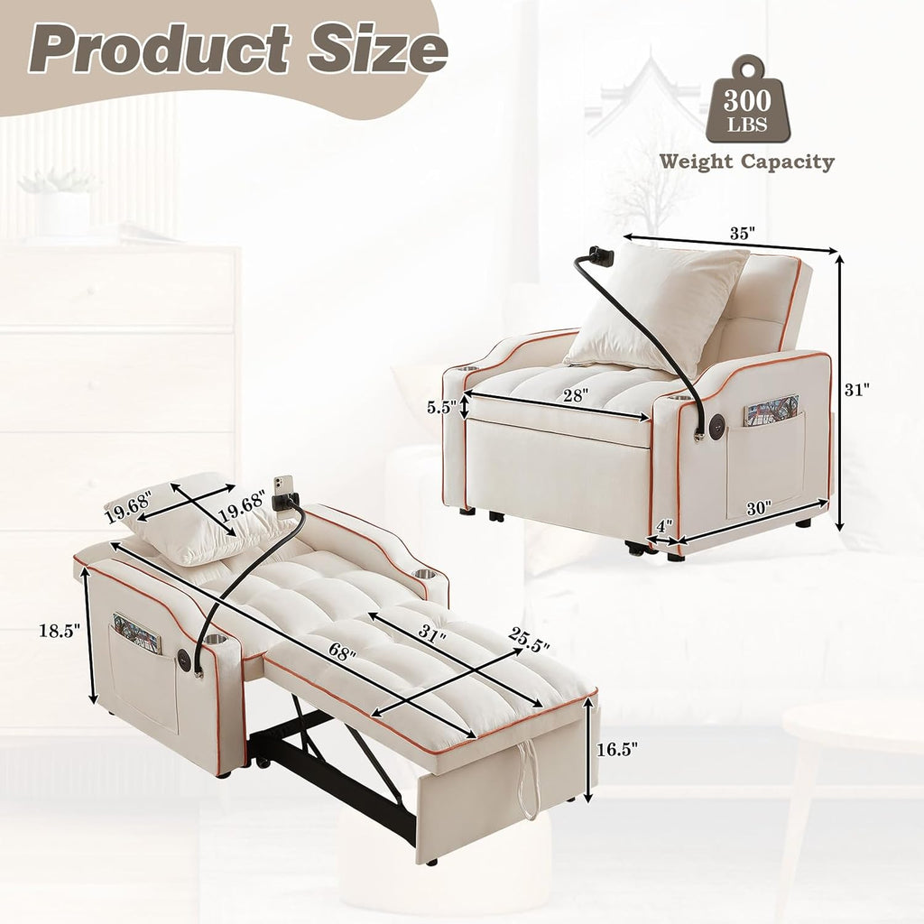 Convertible Sleeper Sofa Chair Bed, 3 in 1 Velvet Single Small Futon Sofa Bed with Phone Holder & USB Ports,Pull Out Couch Recliner with Adjustable Backrest for Living Room, Office, Small Place(Beige)