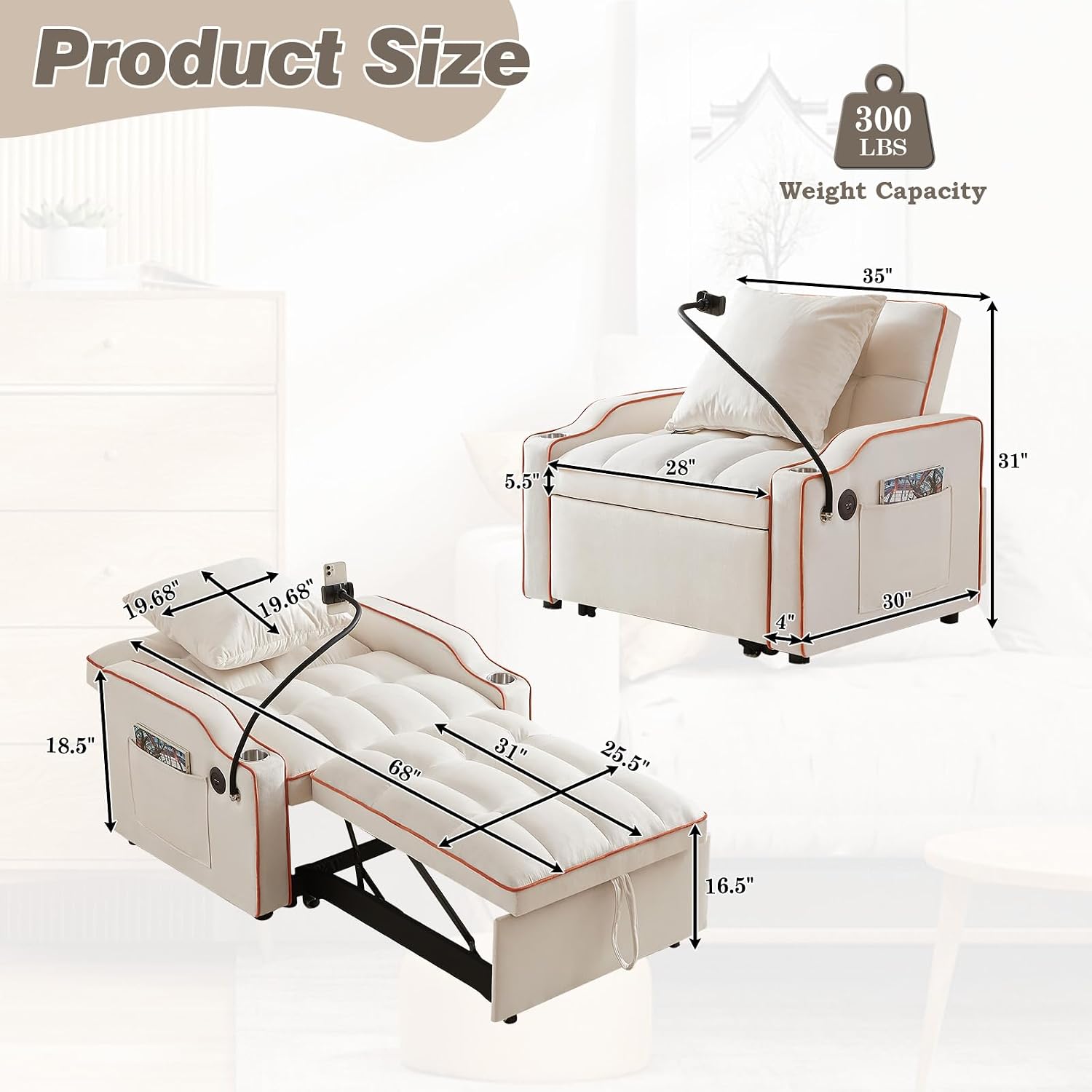 Convertible Sleeper Sofa Chair Bed, 3 in 1 Velvet Single Small Futon Sofa Bed with Phone Holder & USB Ports,Pull Out Couch Recliner with Adjustable Backrest for Living Room, Office, Small Place(Beige)
