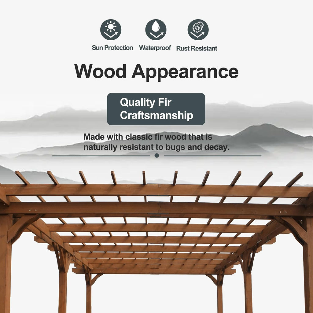 Wood Pergola Gazebo for Climbing Plants - Free Standing Outdoor Garden Structure with Waterproof Solid Fir, Windproof Level 6 & 200lb Snow Load - Backyard, Patio, Poolside Brown (12 x 16 FT)