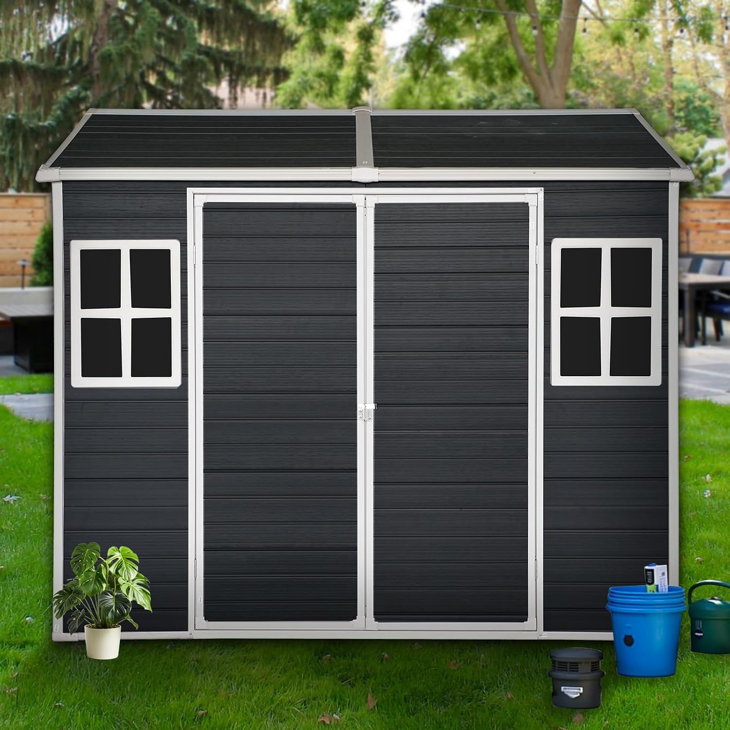 KUIKUI Outdoor Shed with Floor Included, Plastic Storage Sheds with Floor, 4x8 shed with 2 Windows and Lockable Door for Garden Tools, Carbon Black