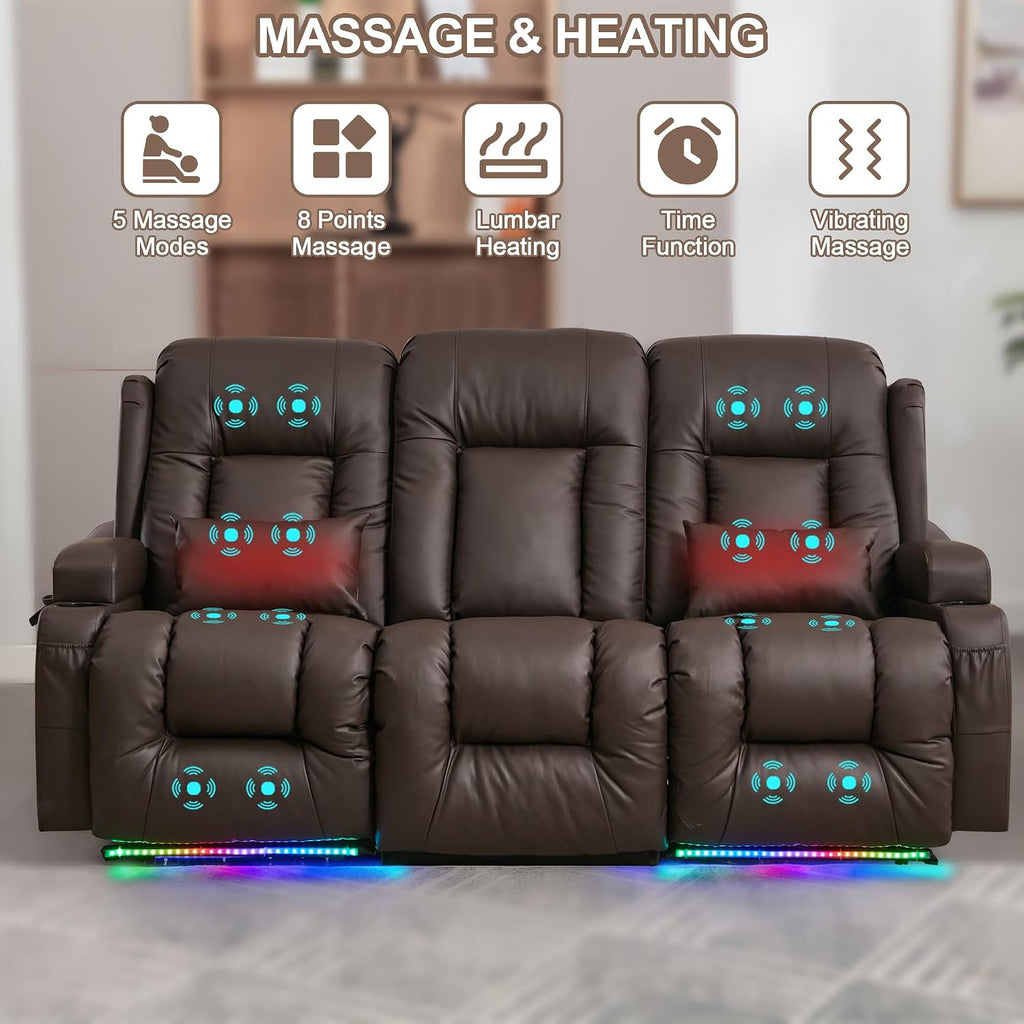 TUNYI Power Loveseat Recliner Sofa with Massage & Heat Home Theater Seating with Console RV Recliner Loveseat Sofa with USB/Storage/Side Pocket/LED Light/Speaker (Brown, 3 Seat)
