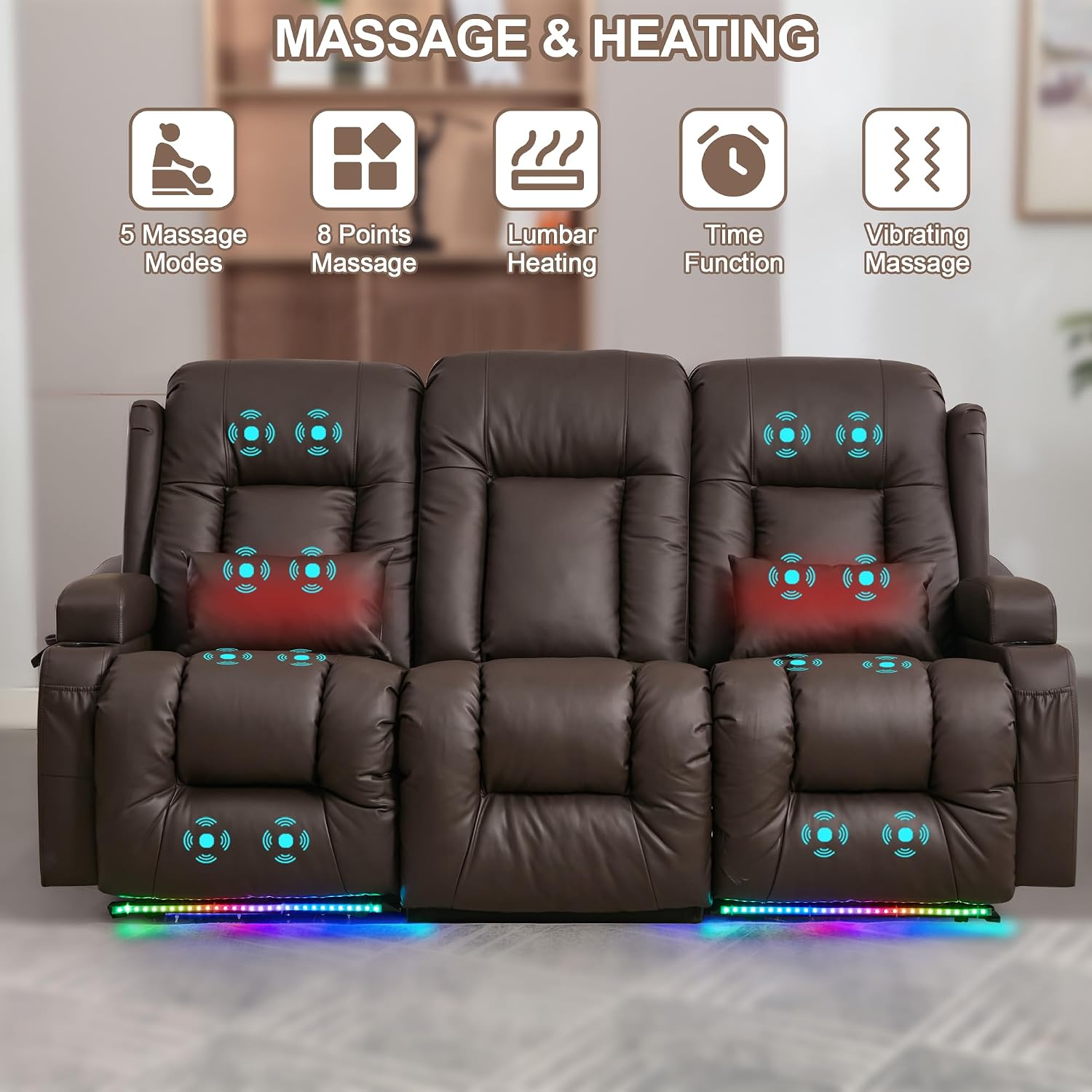 TUNYI Power Loveseat Recliner Sofa with Massage & Heat Home Theater Seating with Console RV Recliner Loveseat Sofa with USB/Storage/Side Pocket/LED Light/Speaker (Brown, 3 Seat)
