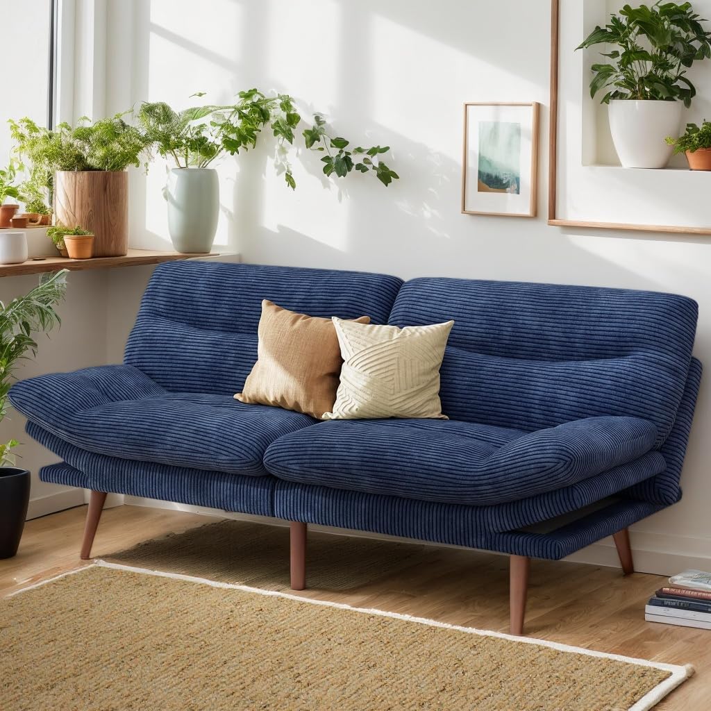 66″Futon Sofa Bed,3-in-1 Futon Couch w/Adjustable Backrest & Armrests, Convertible Sleeper Sofa Bed, Small Folding Sleeper Recliner w/Removable Cushion for Apartment, Living Room,Office (66in,Blue)