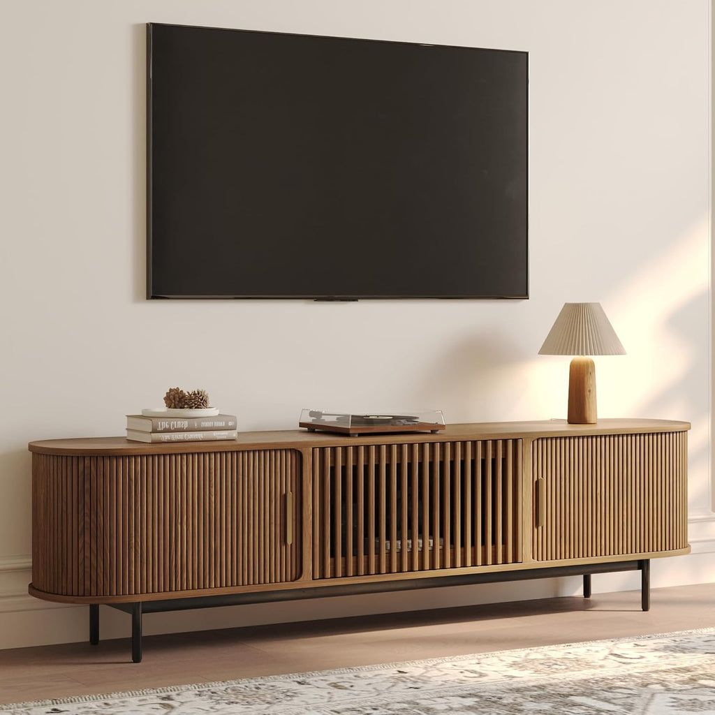 POVISON Fully-Assembled Mid Century Modern TV Stand for 75 inch TV, Sliding Door Entertainment Center with Storage, Wood TV Console, Media Console for Living Room Bedroom(Walnut, 78.74')