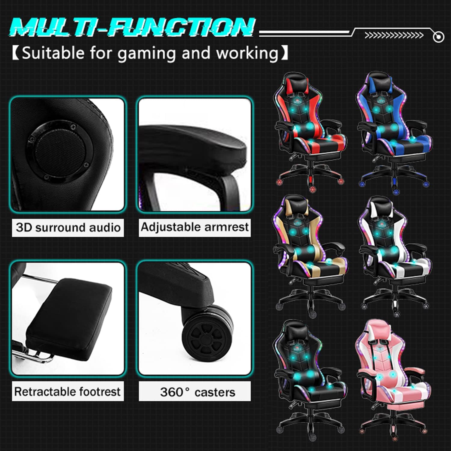 LED Gaming Chairs for Adults with Speakers - Ergonomic Computer Chair with Full Massage, High Back Music Video Game Chair with Footrest and Lumbar Support, PU Leather Silla Gamer,White