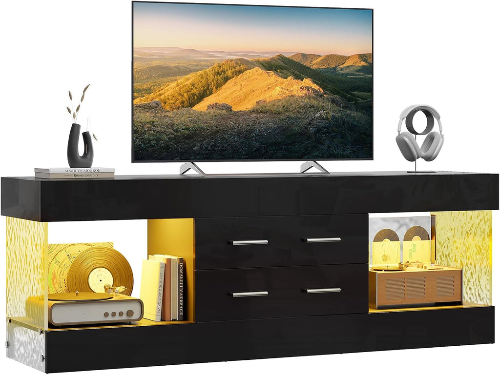 Bestier Modern 60 Inch TV Stand for 65/60/55+ TV, High Gloss Black Entertainment Center with 2 Drawers & LED Lights, Stone-Pattern Side Panels TV Consoles for Living Room, Bedroom