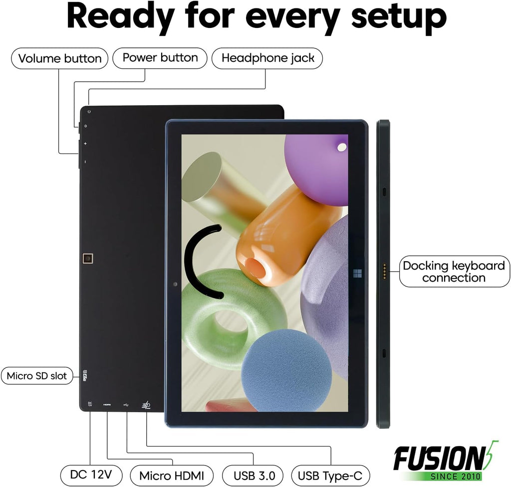 Fusion5 Built in USA 10.1' Windows 11 Tablet PC (March 2026 Release) - 12GB RAM, 256GB SSD, 13th Gen CPU, Full HD Windows Tablet Computer, USB C, HDMI - 2 Year Full Warranty with Accidental Damage