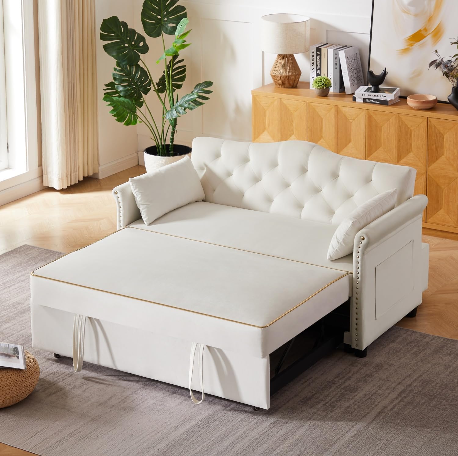 oaaktu 57-Inch Velvet Full Size Sleeper Sofa Couch with Pullout Bed,Convertible Pull Out with Golden Decorative Strip and Adjustable Backrest for Small Spaces,Apartment, Guest Room, RV (Beige)