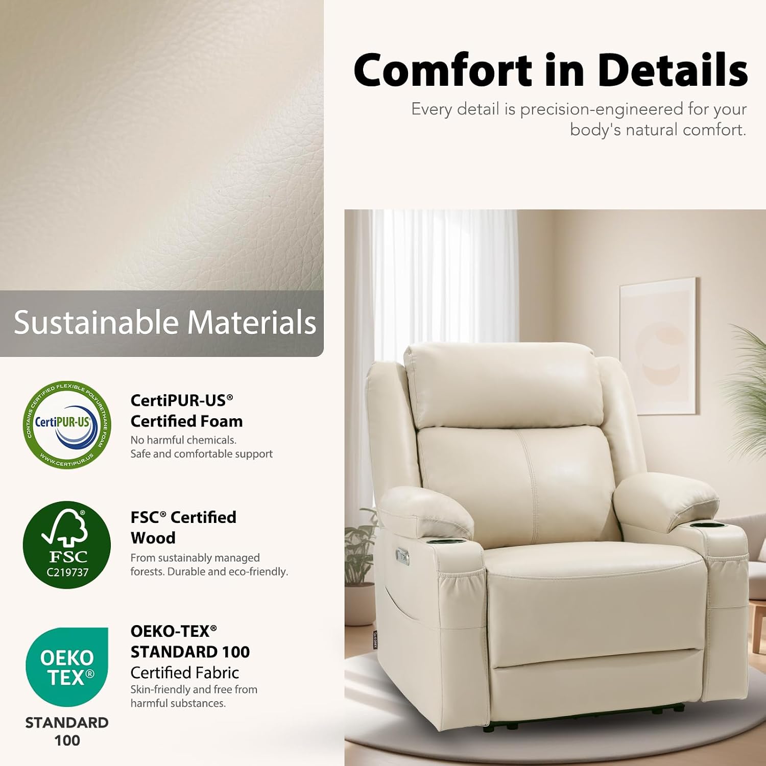 EONIX Wide Power Wall Hugger Recliner Chair for Small Space, Real Zero Clearance Power Recliner for RV, Living Room, Bedroom, 400lbs Heavy Duty, SXXY012992, Cream White
