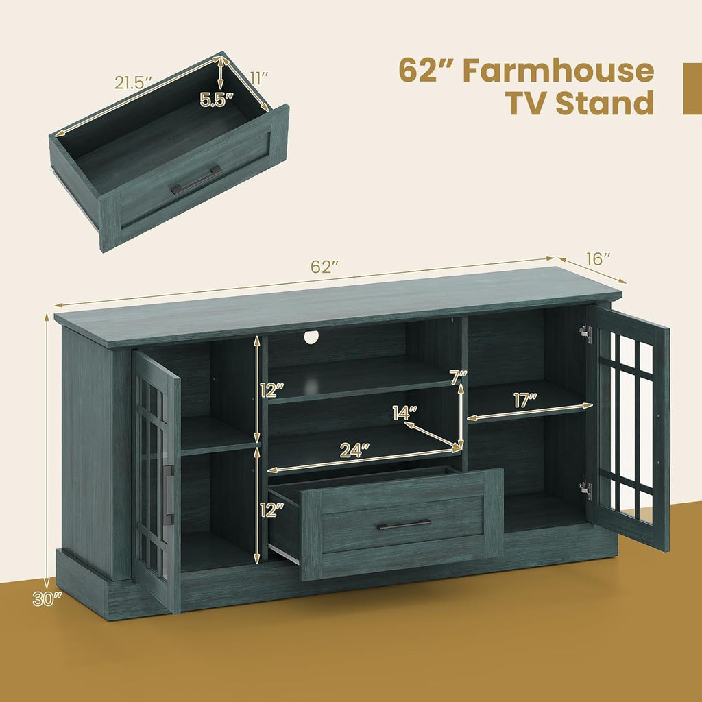 Giantex Farmhouse TV Stand for 65/70 Inch TV, Tall Entertainment Center with Storage Cabinets, Glass Doors, Drawer, Removable Shelves, Media TV Console Table for Living Room, Bedroom (Vintage Green)