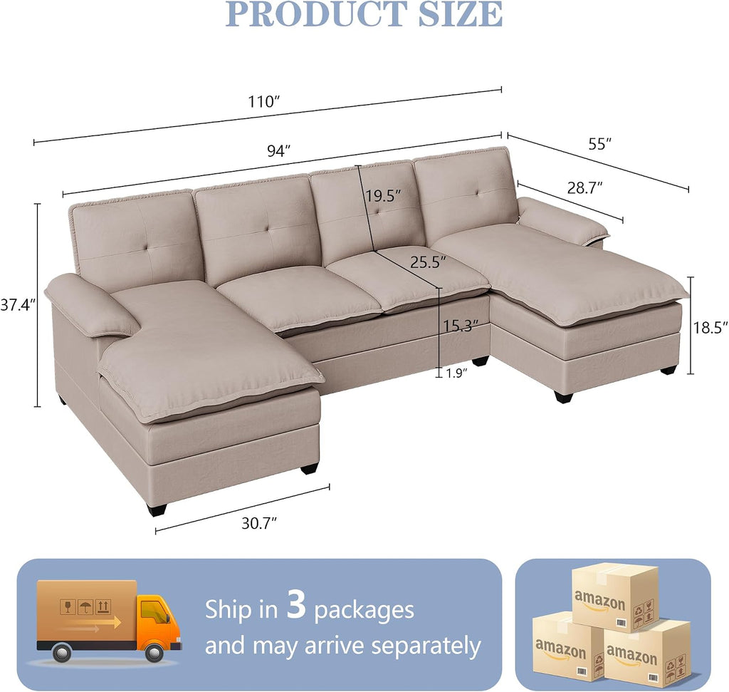 110' Sectional Couches for Living Room,4 Seat U Shape Modular Couch with Thick Cushion & Soft Backrest,Upholstered Sofa Couch with Double Chaise,Beige