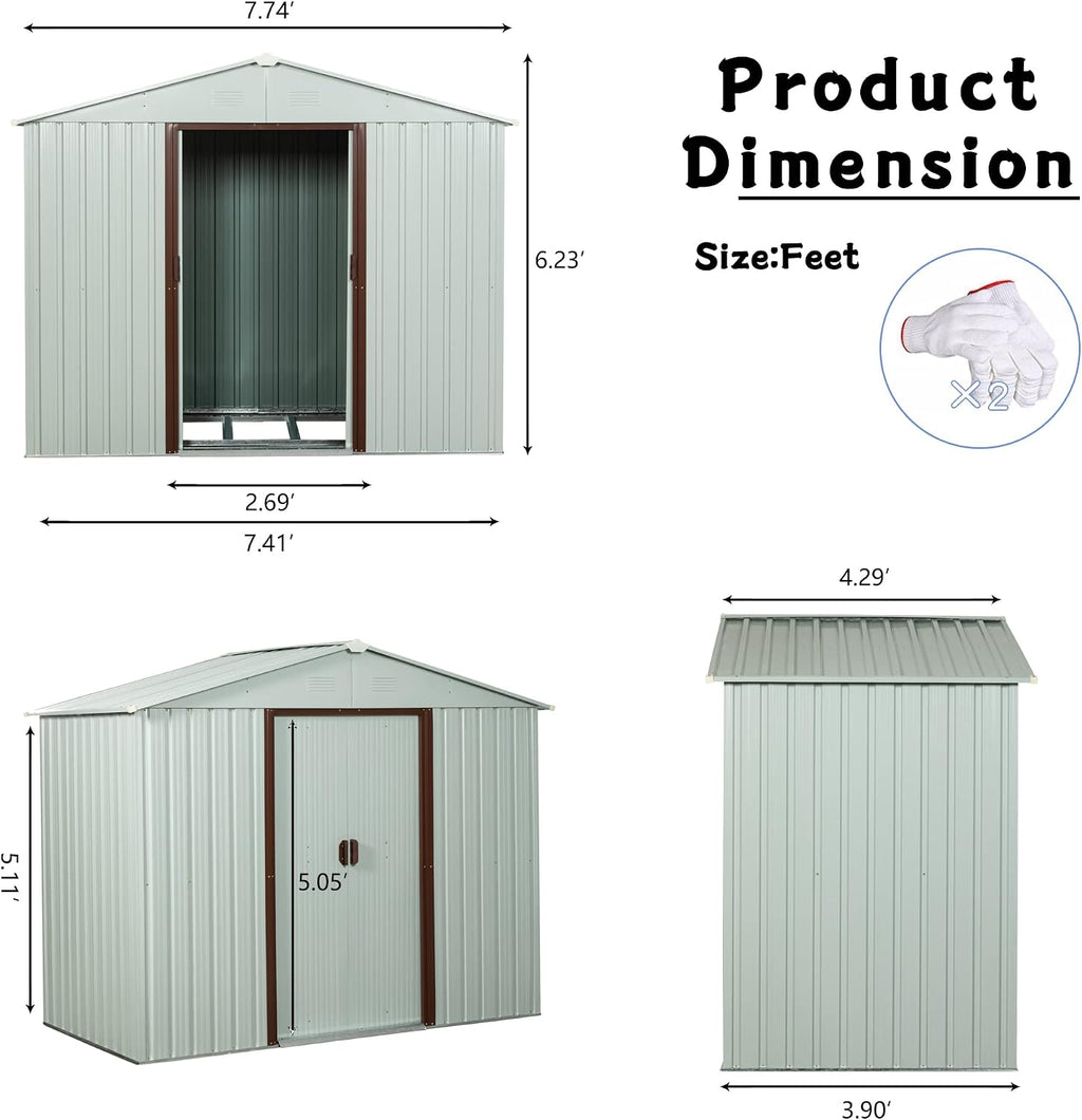 4x8 FT Outdoor Storage Shed, Metal Garden Shed with Frame Floor, Outside Tool Shed with Lockable Sliding Doors, Waterproof Storage Building with Sloped Roof for Backyard, Patio, Lawn, White