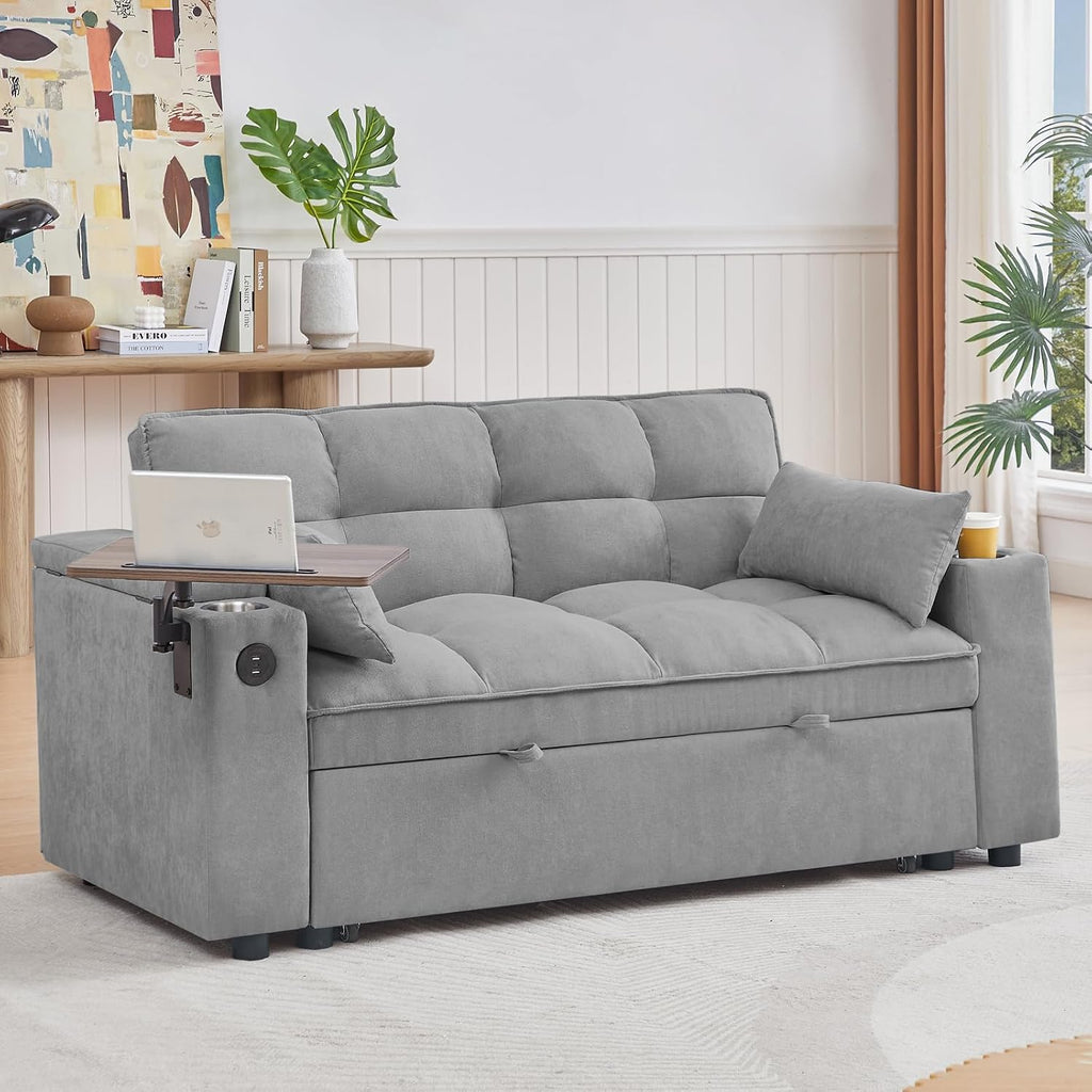 hansones 65'' 3-in-1 Folding Convertible Sofa Bed, Queen Size Pullout Sofa, Modern Chenille Fabric, 360° Swivel Side Table, Easy Assembly, Perfect for Living Room