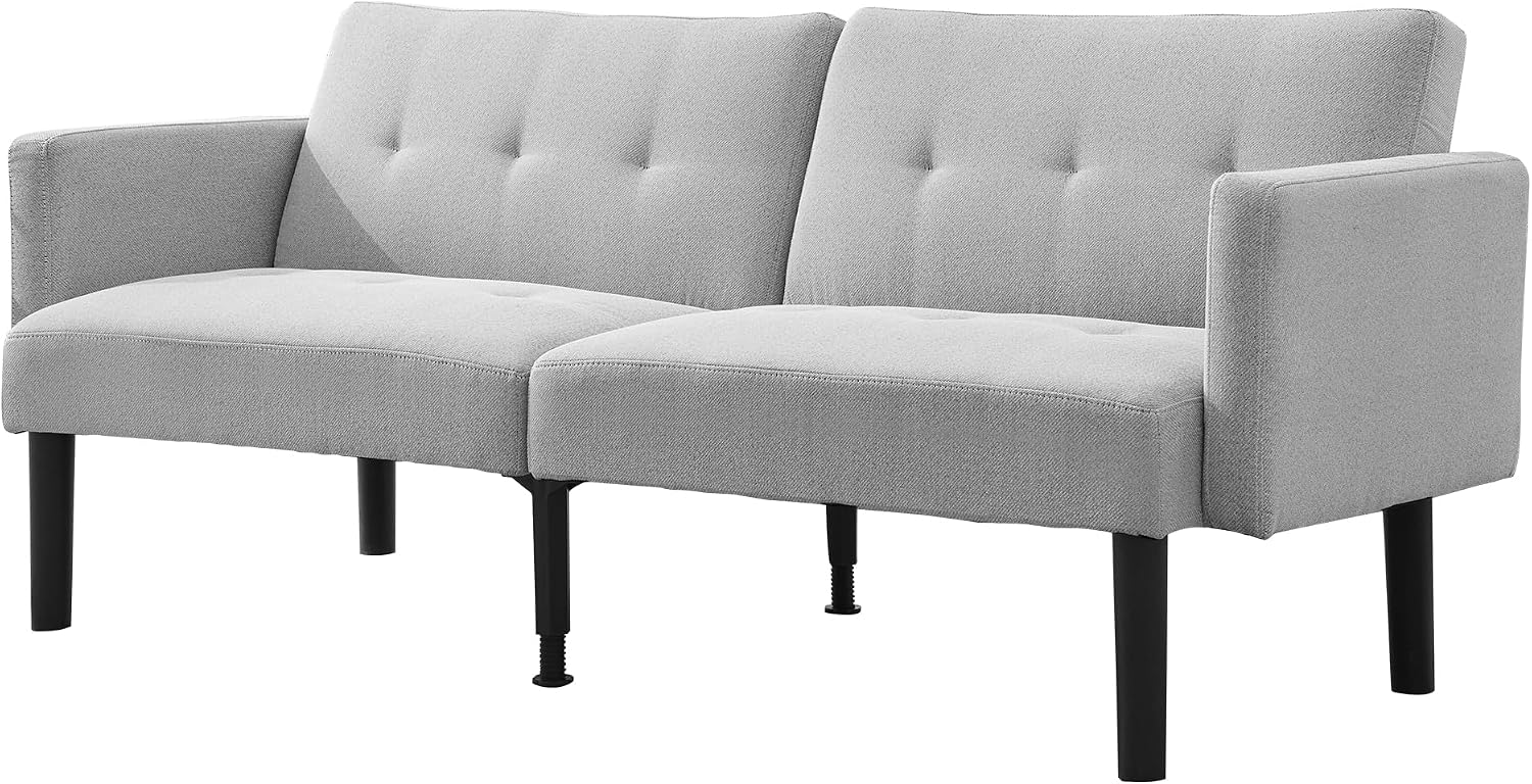 Garvee 75.5' Convertible Futon Sofa Bed, Linen Upholstered Futon Couch with Strong Legs, Mid Century Modern Sleeper Sofa, Comfy Loveseat for Living Room, Bedroom, Dorm, Grey