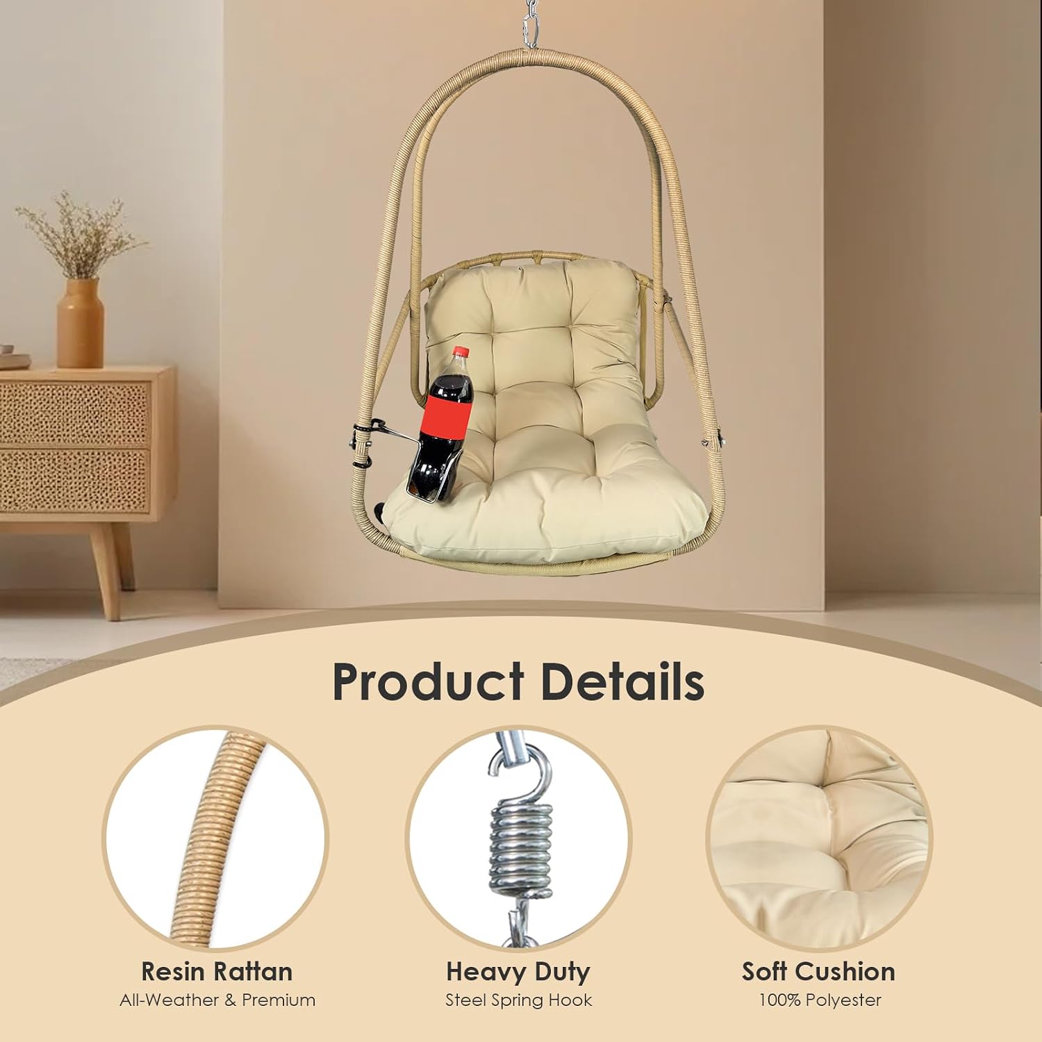 JESE Swing Egg Chair with Stand Foldable Wicker Frame UV Resistant Waterproof Cushion Hanging Chairs with Cup Holder 350lbs Capacity Swing Hammock Chairs for Patio Bedroom Indoor Outside (Beige)