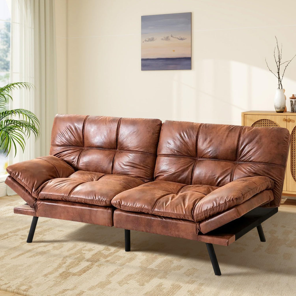 MUUEGM Brown Futon Sofa Bed Leather Memory Foam Modern Office Couch Sleeper Bed Convertible Love seat Sofa for Small Spaces,Apartment,Office with Adjustable Armrest Backrest