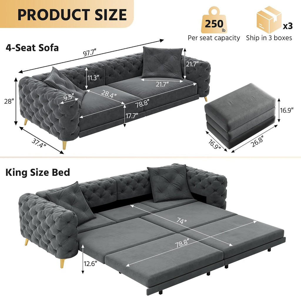 97.7' King Pull Out Sofa Bed, Velvet Chesterfield Sleeper Sofa Couch, 3 in 1 Convertible Tufted Futon Couches with Ottoman for Living Room, Small Space, Apartment, Office, Bedroom, Dark Gray