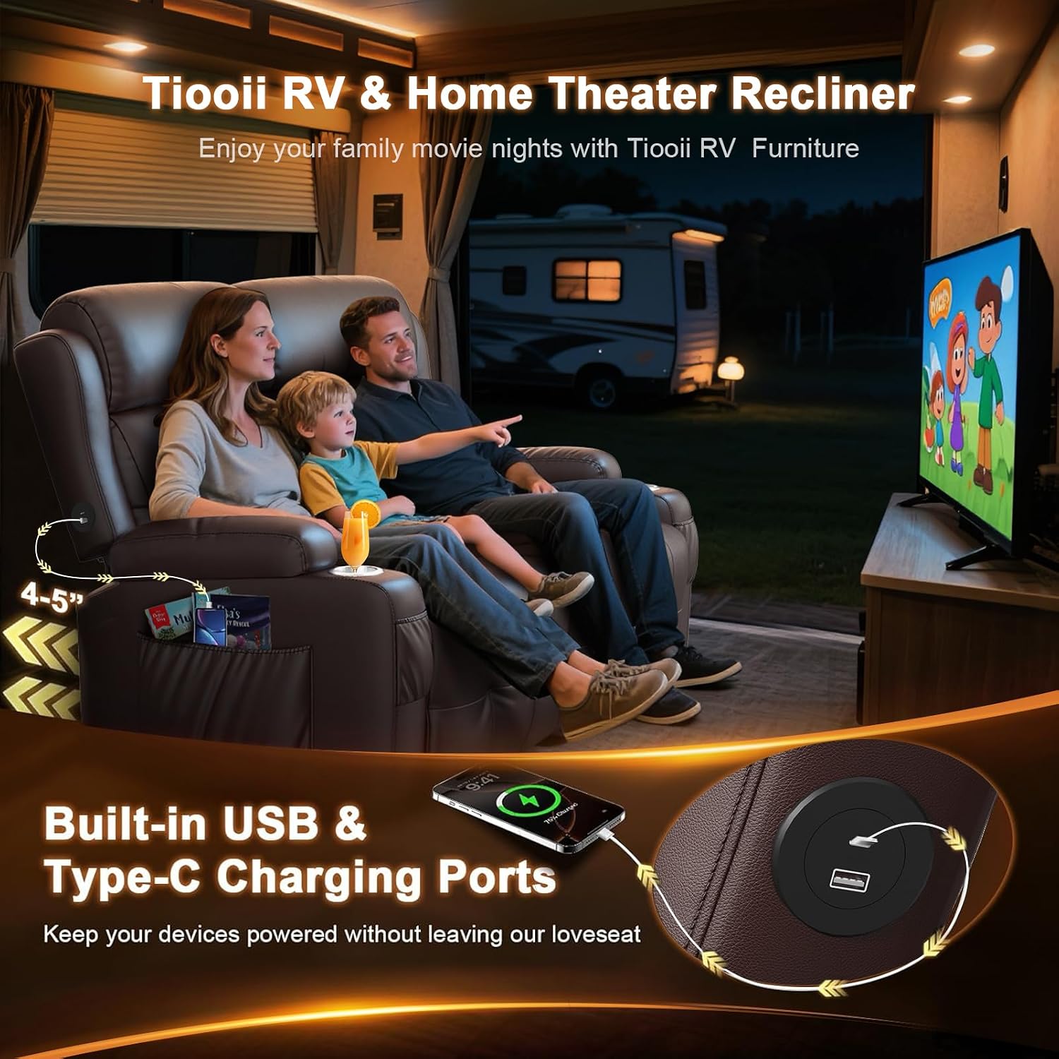 RV Loveseat Recliner Sofa, Wall Hugger Massage Reclining RV Couch with USB, Insert Pockets, Cup Holders, 150° RV Recliners Sleeper Sofa for RV Furniture & Travel Trailers & Home Theater Seating