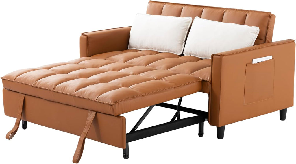 3 in 1 Convertible Sofa Bed, Love Seat Sleeper Bed with Side Pockets, PU Fabric Pull Out Couch with Adjustable Backrest for Living Room, Bedroom, Apartment, Brown