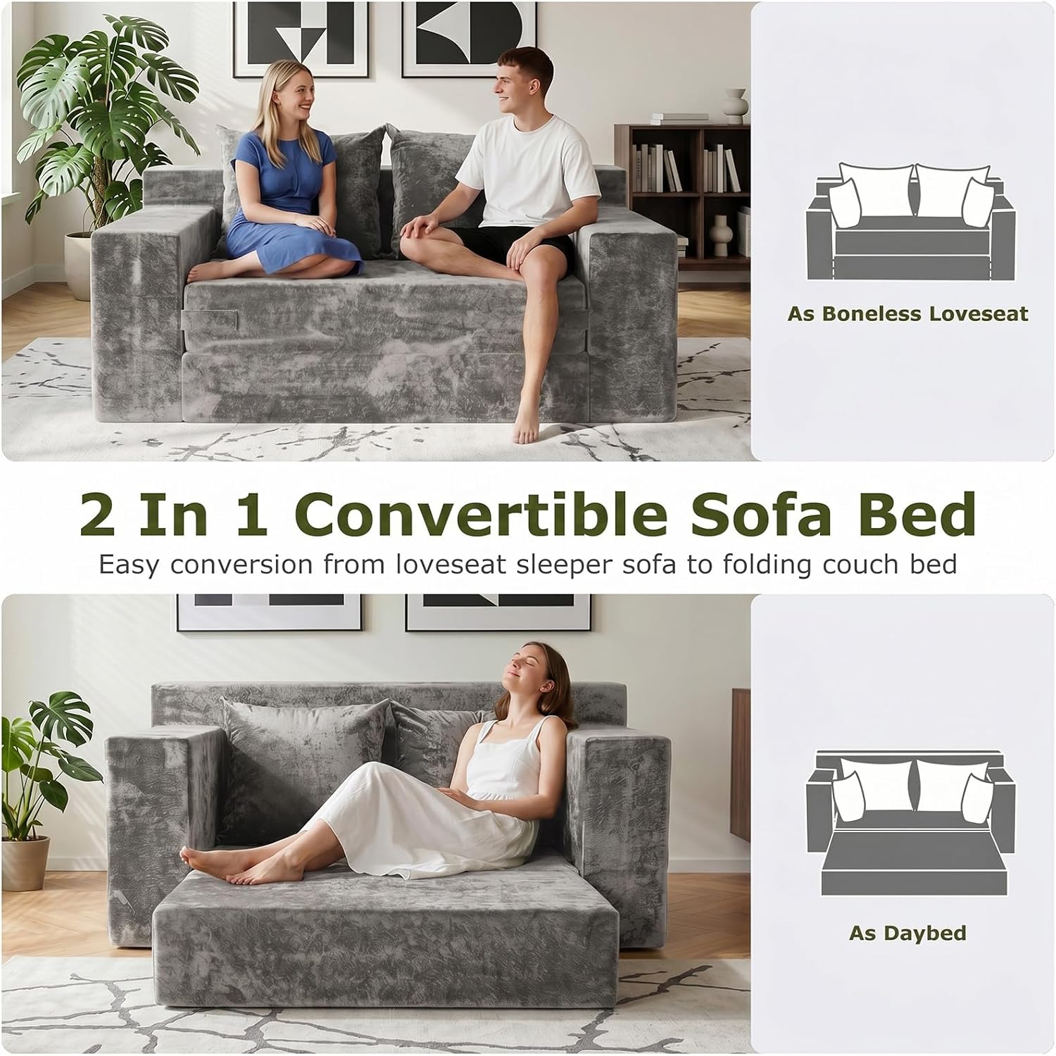 Boneless Couch Loveseat Sleeper, Convertible Sofa Bed Folding Couch Bed, Boneless Chair Bed & Futon Sofa Bed, Small Pull Out Couch Foldable with 4 Pillows for Living Room, Light Grey