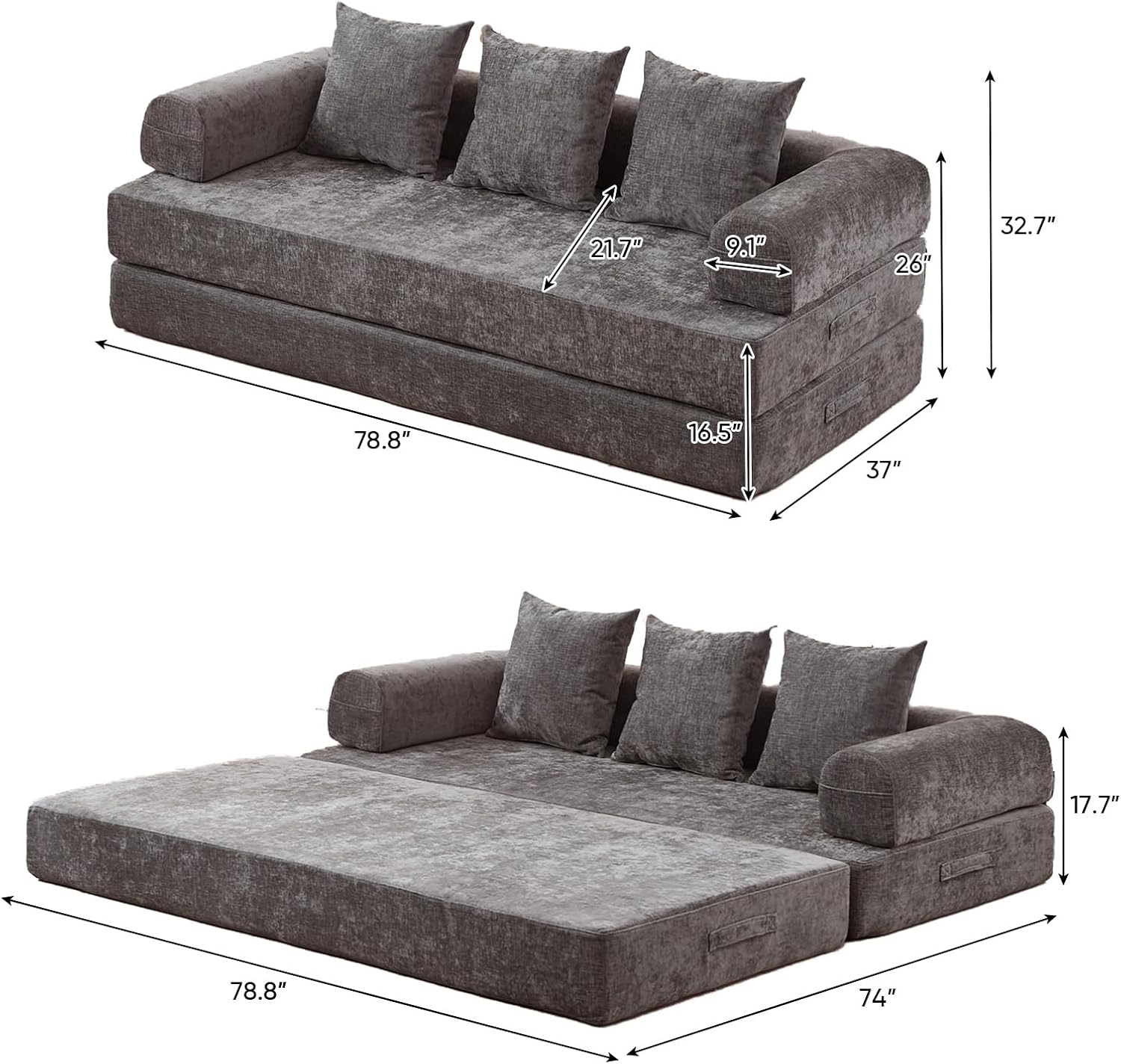 Futon Sofa Bed, Modular Convertible Folding 3 Seater Chenille Foam Floor Loveseat Sleeper Sofa Couch with 3 Pillows, No Assembly Compressed Boneless Couch, for Living Room Bedroom Guest Room, Grey