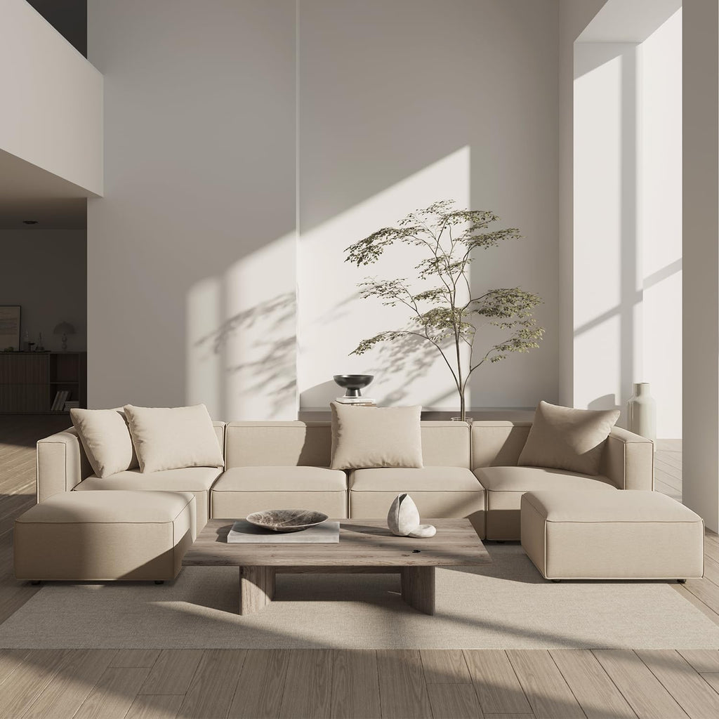 Acanva Luxury Modular Sectional Living Room Sofa Set, Modern Minimalist Style Couch with Ottoman and Chaise, U-Shape, Linen-Like Cream