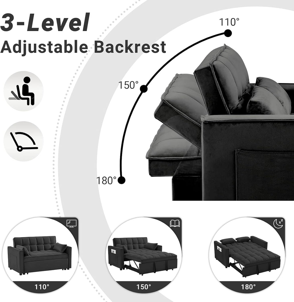 Rovibek 3 in 1 Sleeper Sofa Bed, Pull Out Couch, Convertible Futon Loveseat with krest, Dinotefuran Living Room Chaise Lounr Home Apartment Office, Black
