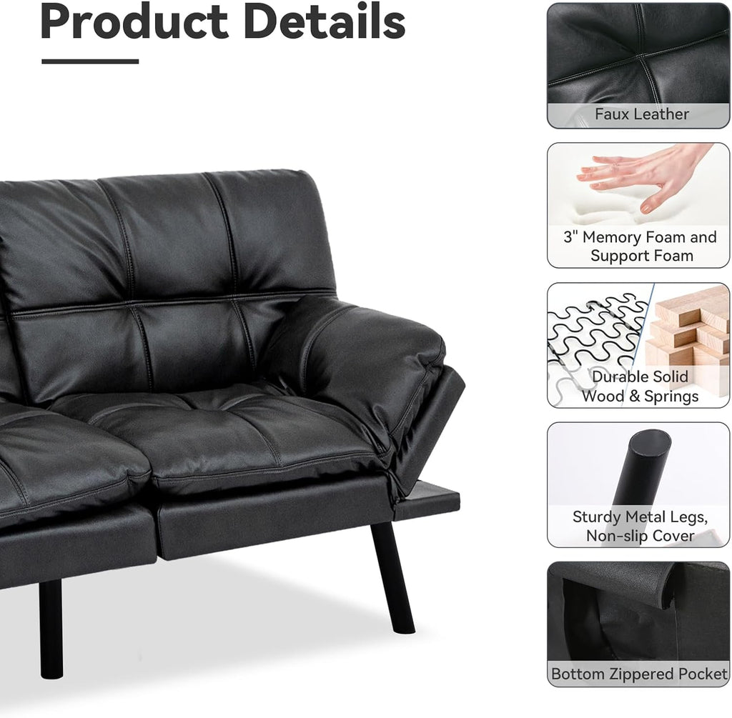 71' Convertible Futon Sofa Bed,Faux Leather Futon Couch Bed,Memory Foam Sleeper Sofa,Modern Folding Small Loveseat for Living Room,Office,Apartment,Matte Black