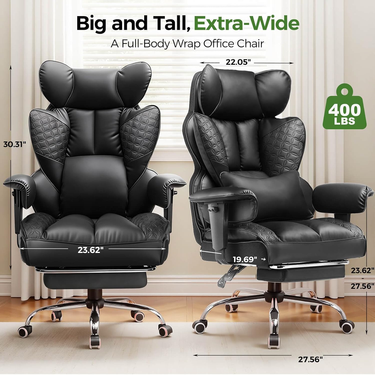GTPOFFICE Big and Tall Office Chair 400LBS Wide Seat Computer Gaming Chair with Footrest & Comfy Lumbar Support, Leather High Back Executive Chair with Ergonomic Pressure Relief Seat Cushion, Black