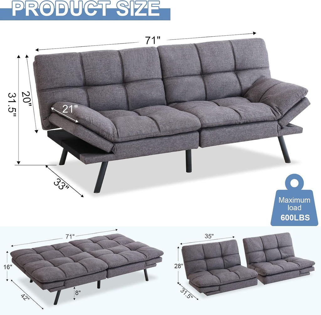 MUUEGM Futon Sofa Bed Convertible Futon Couch Sleeper,Memory Foam Modern Love seat,Small Splitback Sofa with Adjustable Armrests Backrests for Living Room,Compact Space,Office,Apartment,Dorm,71',Grey