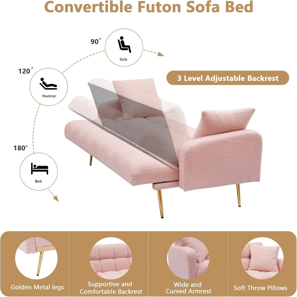 Teddy Futon Sofa Bed,69' Modern Small Love Seat Couch for Small Spaces,Convertible Tufted Sleeper Sofa Loveseat Couch Bed with Gold Metal Legs for Living Room,Bedroom,Apartment (Teddy Pink)