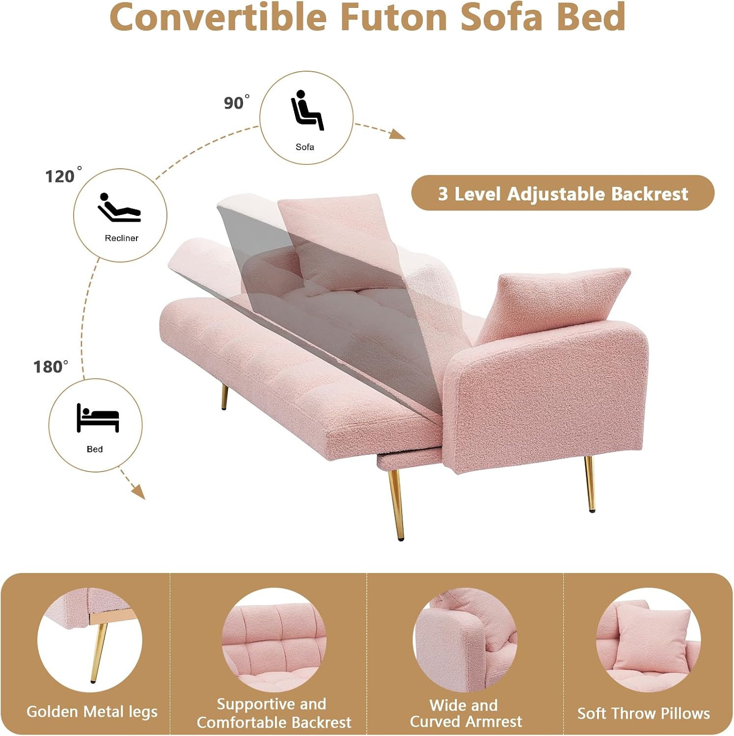 Teddy Futon Sofa Bed,69' Modern Small Love Seat Couch for Small Spaces,Convertible Tufted Sleeper Sofa Loveseat Couch Bed with Gold Metal Legs for Living Room,Bedroom,Apartment (Teddy Pink)