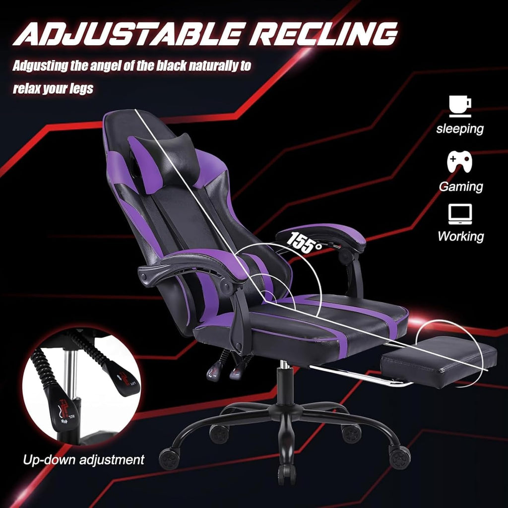 Video Game Chairs for Adults, PU Leather Gaming Chair with Footrest, 360° Swivel Adjustable Lumbar Pillow Gamer Chair, Comfortable Computer Chair for Heavy People, Purple