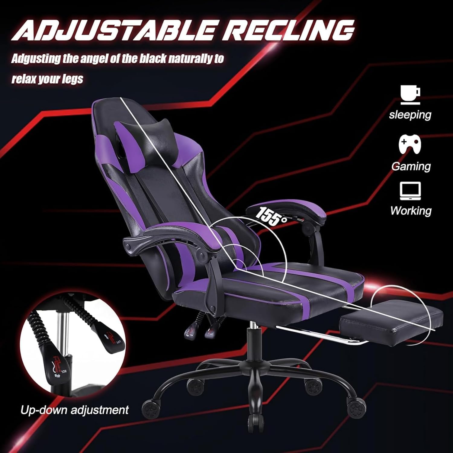 Video Game Chairs for Adults, PU Leather Gaming Chair with Footrest, 360° Swivel Adjustable Lumbar Pillow Gamer Chair, Comfortable Computer Chair for Heavy People, Purple