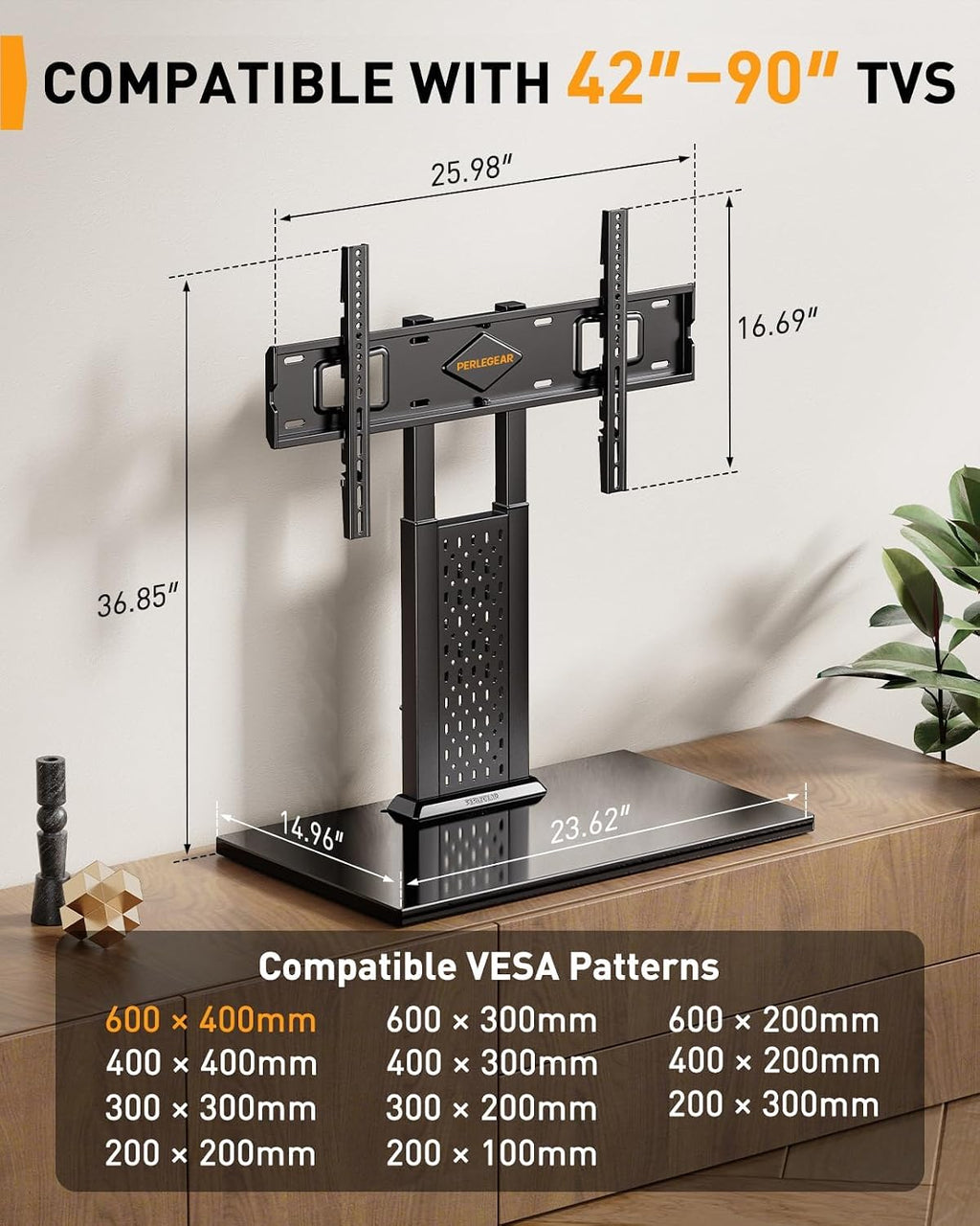 Perlegear Universal Swivel TV Stand for 42-85 90 Inch TVs, Television Stands with Pegboard Storage, Height Adjustable Table top TV Stand Mount, Glass Base up to 150 lbs, Max VESA 600x400mm PGTVS36