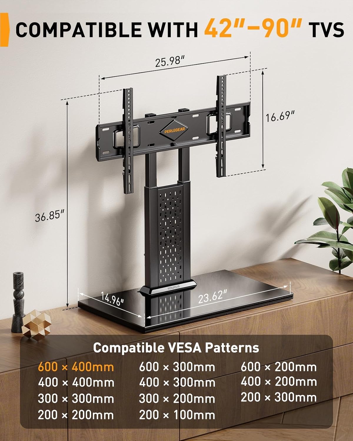 Perlegear Universal Swivel TV Stand for 42-85 90 Inch TVs, Television Stands with Pegboard Storage, Height Adjustable Table top TV Stand Mount, Glass Base up to 150 lbs, Max VESA 600x400mm PGTVS36