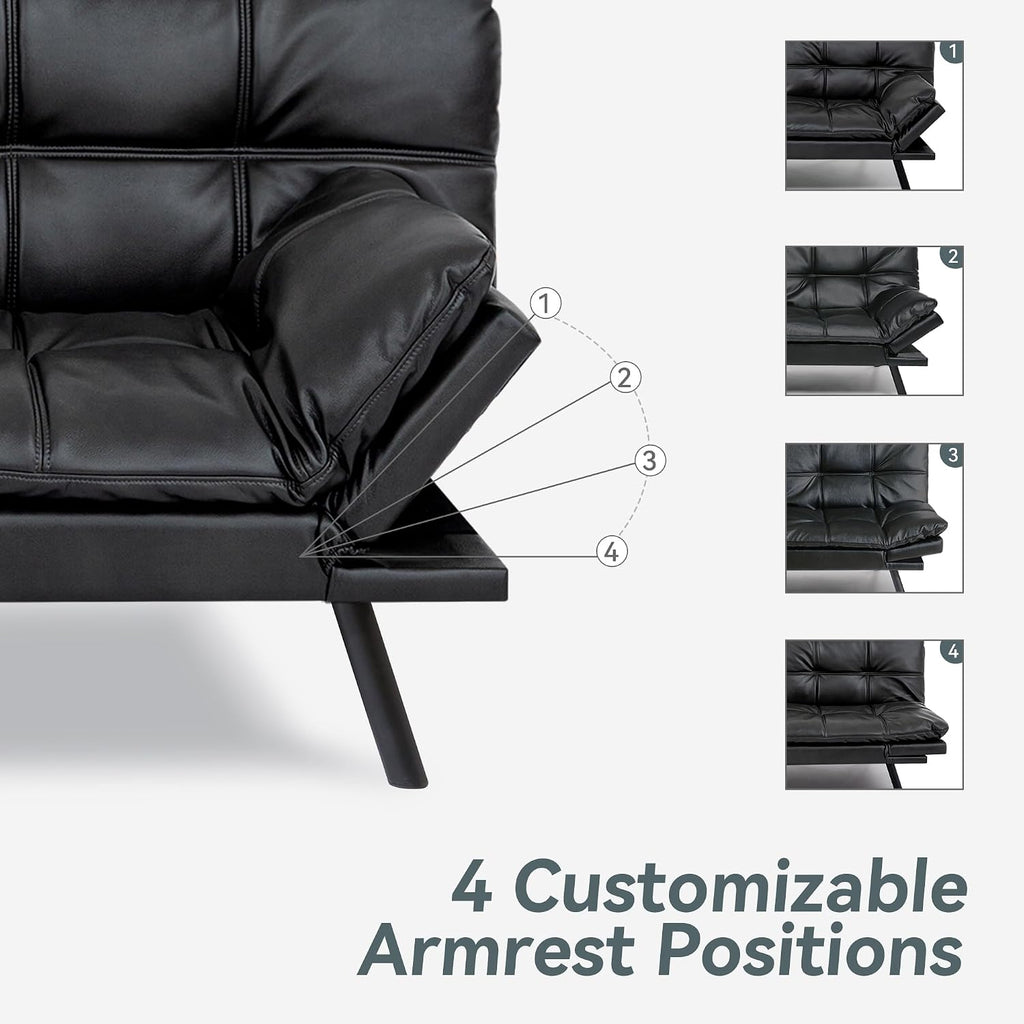 Vyfipt Convertible Futon Sofa Bed, Black Faux Leather Futon Couch with Adjustable Backrest & Armrests, Folding Small Recliner Sleeper Sofa Bed for Living Room, Apartment, Office