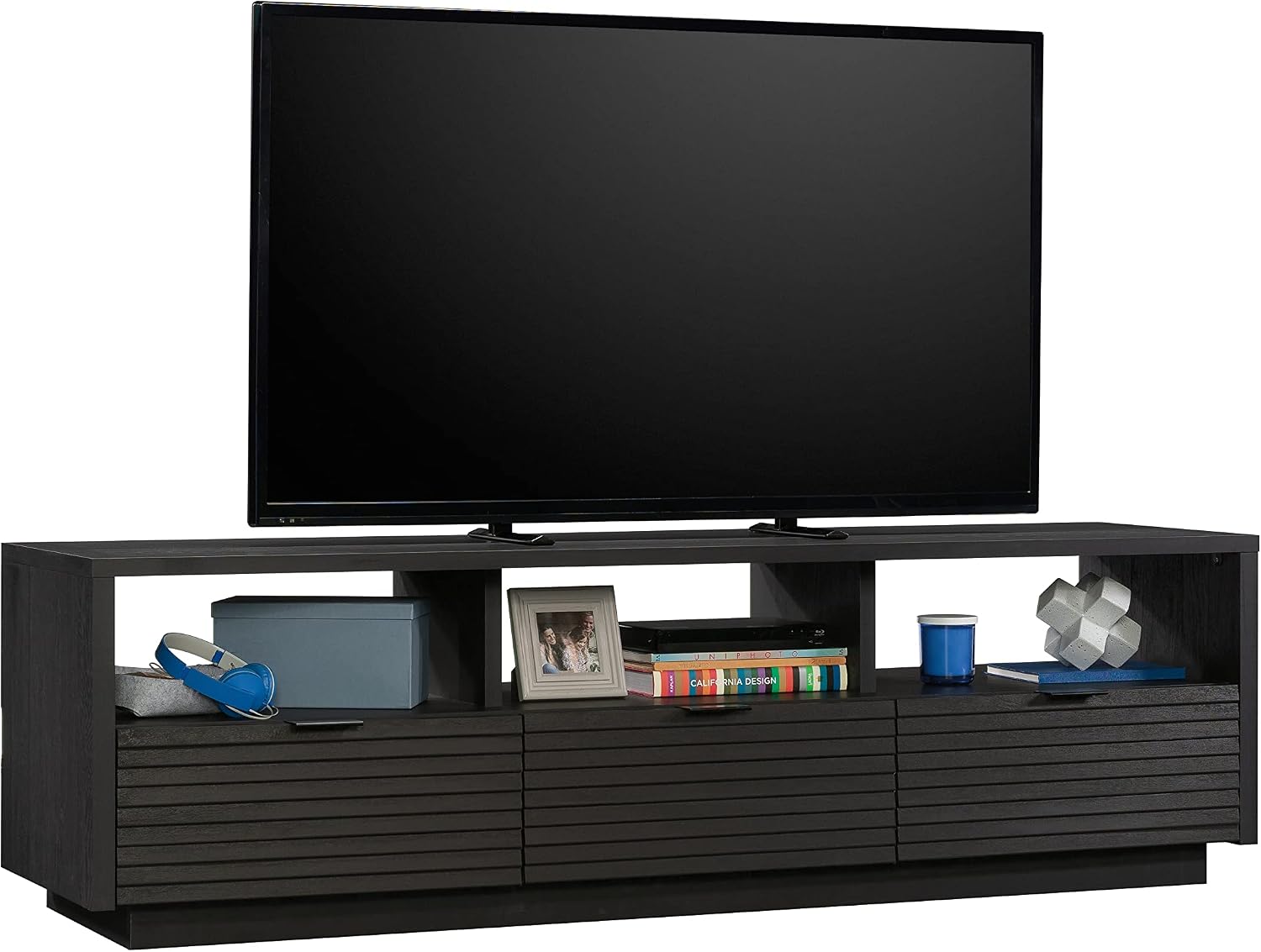 Sauder Harvey Park Modern TV Stand Media Console Credenza with Drawers and Storage Shelves, in Raven Oak
