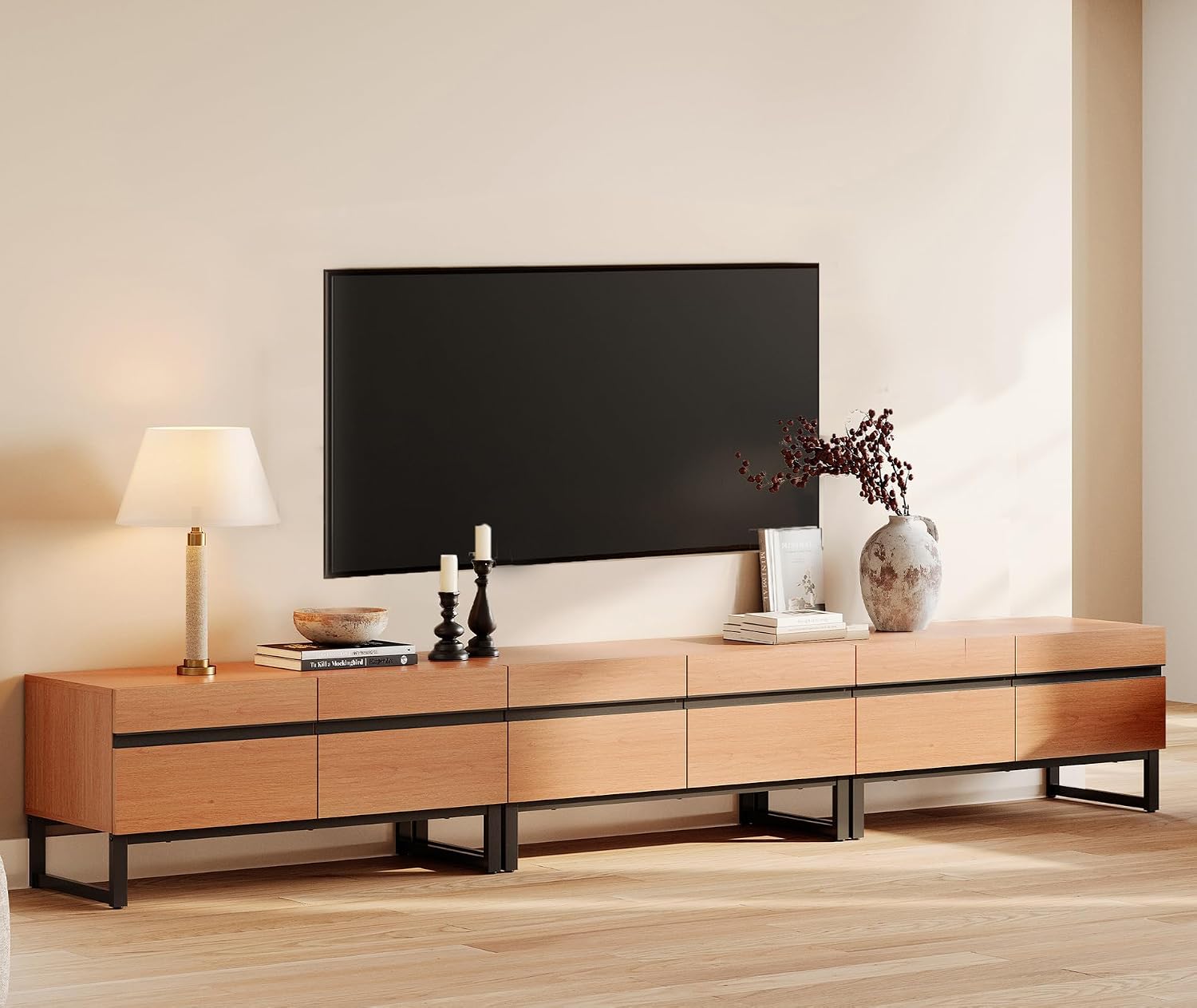 WAMPAT Modern TV Stand for 32-110 Inch TVs, Wood Entertainment Center with Metal Base Storage Cabinets, Media TV Console for Living Room, Mocha, 3Pcs