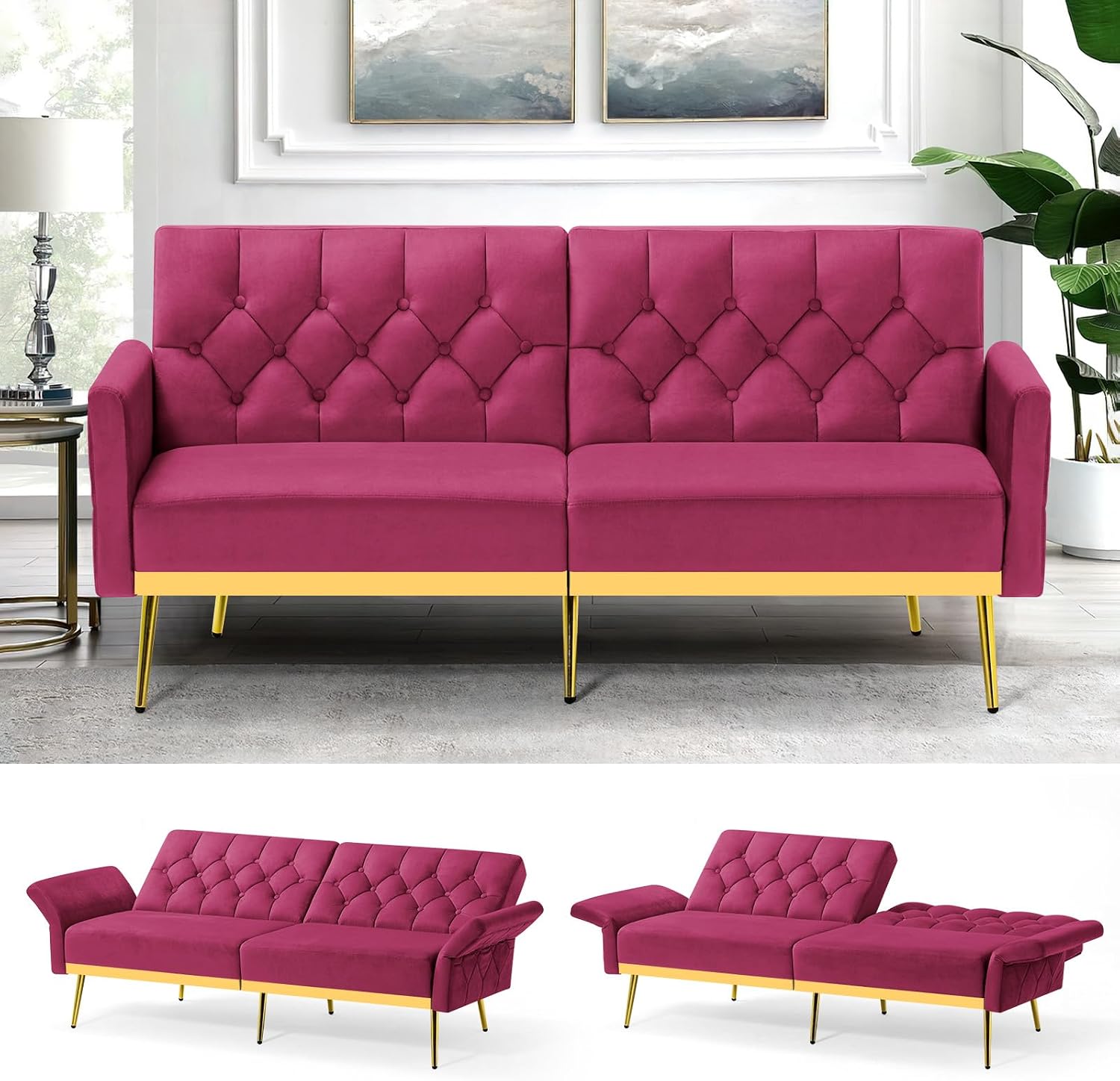 Velvet Sofa Bed w/Adjustable Armrests and Backrests, Modern Convertible Sleeper Sofa, Tufted Futon Sofa for Bedroom, Living Room, Apartment, Fuchsia