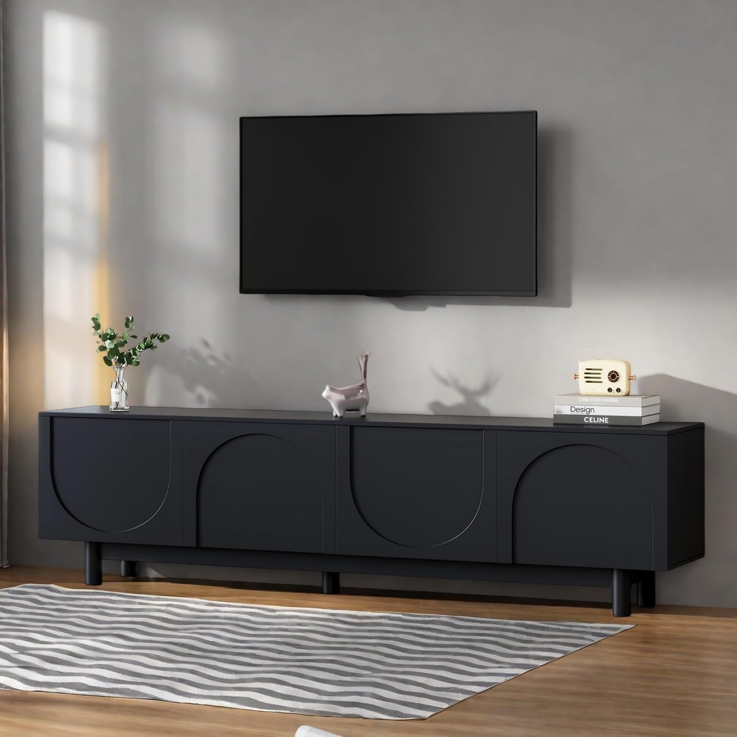 Merax Modern TV Stand with Arch Cabinets, Solid Wood Legs & Adjustable Shelves | Entertainment Center with Cable Management for Living Room, Black