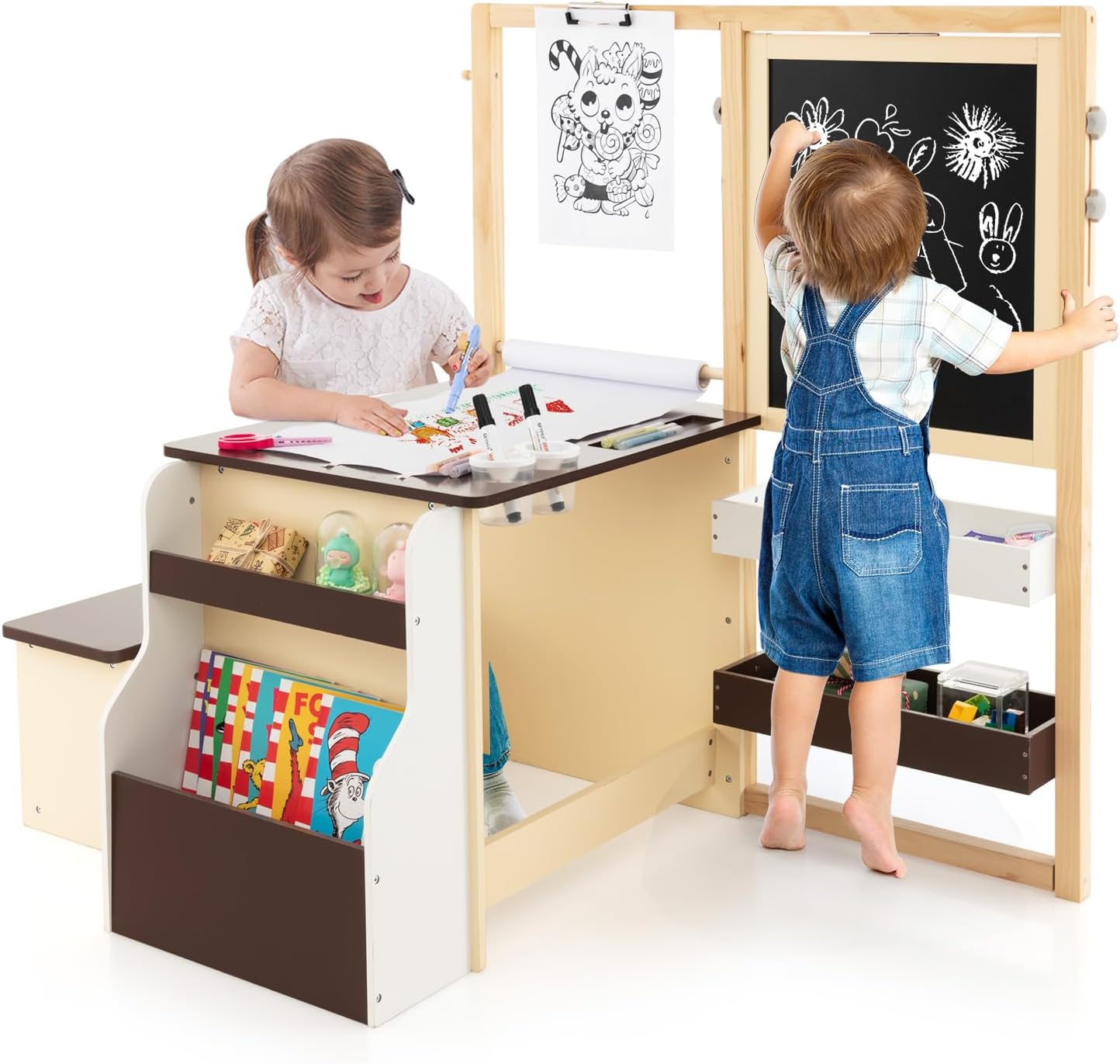 HONEY JOY Kids Art Easel, 6-in-1 Wooden Double-Sided Toddler Table & Chair Set w/Adjustable Magnetic White Board & Chalkboard, Paper Roll, Bookshelf, Storage, Kids Art Table and Chair (Coffee)