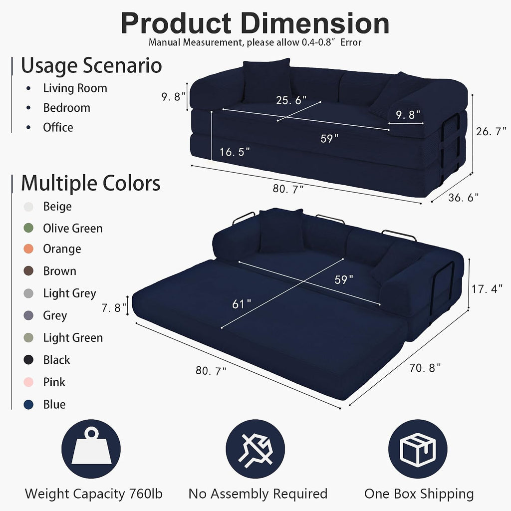 JJJ 78 inch Sofa Bed 4-in-1 Boneless Convertible Corduroy Sleeper Folding Couch with Fixed-Shape Frame and 2 Futons No Assemble Required 3 Seater Upholstered for Living Room (Blue, 78 inch)