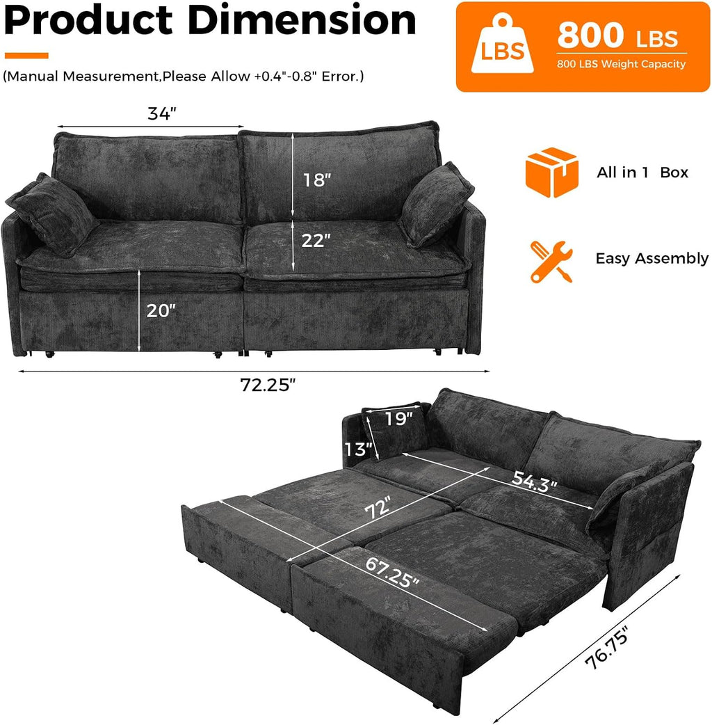 CAPCAEK 72' Futon Sofa Bed King Size, 3-in-1 Pull Out Couch Convertible Sleeper Sofa with USB Ports and Side Pocket, Modern Corduroy Loveseat Couch for Living Room,Small Space,Apartment,Bedroom,Black