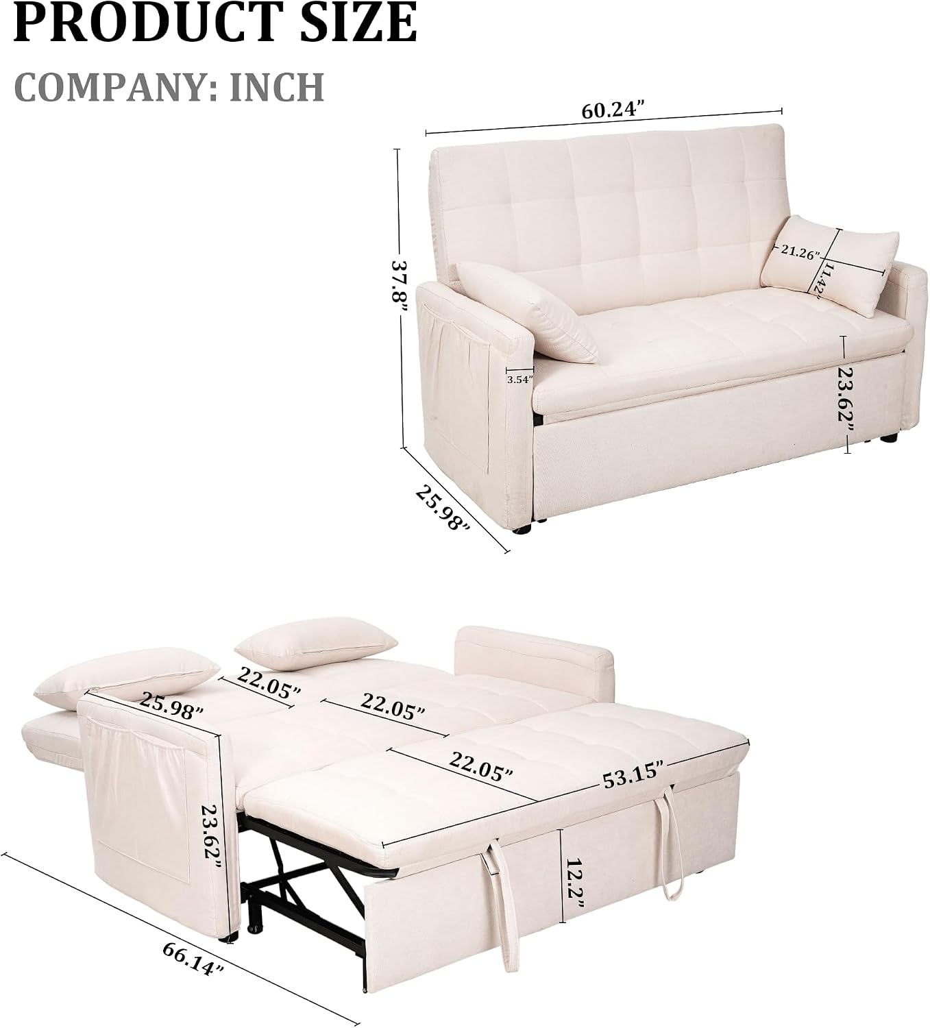 Oversized 3-in-1 Convertible Sleeper Sofa Bed, Futon Couch with Pullout Bed, 2-Seater Loveseat Sofa w/Pockets, Adjustable Backrest and Pillows for Living Room Apartment (White-Button Tufted)