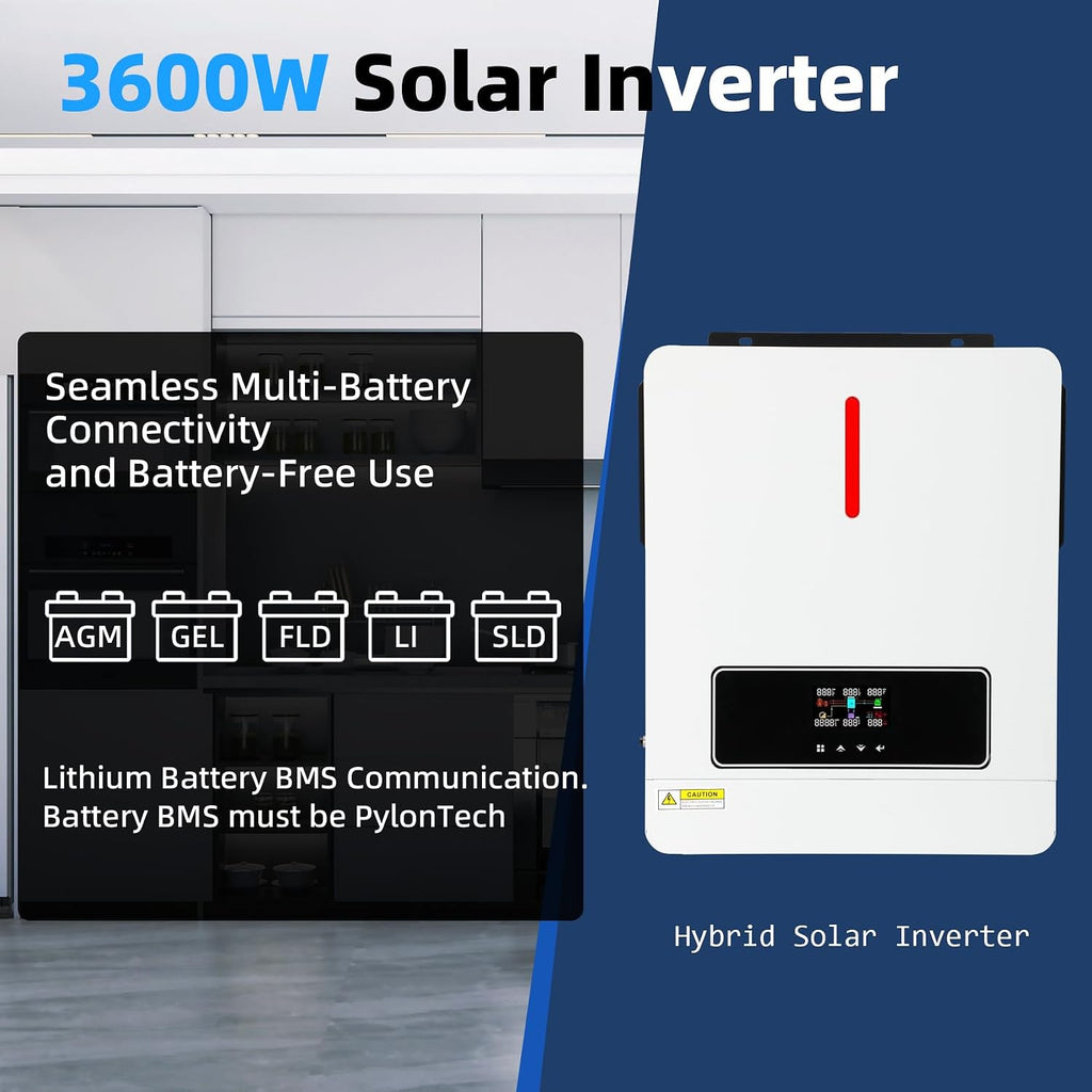 3600W Hybrid Solar Inverter 24VDC to 110V/120VAC All-in-One Pure Sine Wave Hybrid Solar Inverter with 120A MPPT Charge Controller Ideal for Home & Outdoor Use
